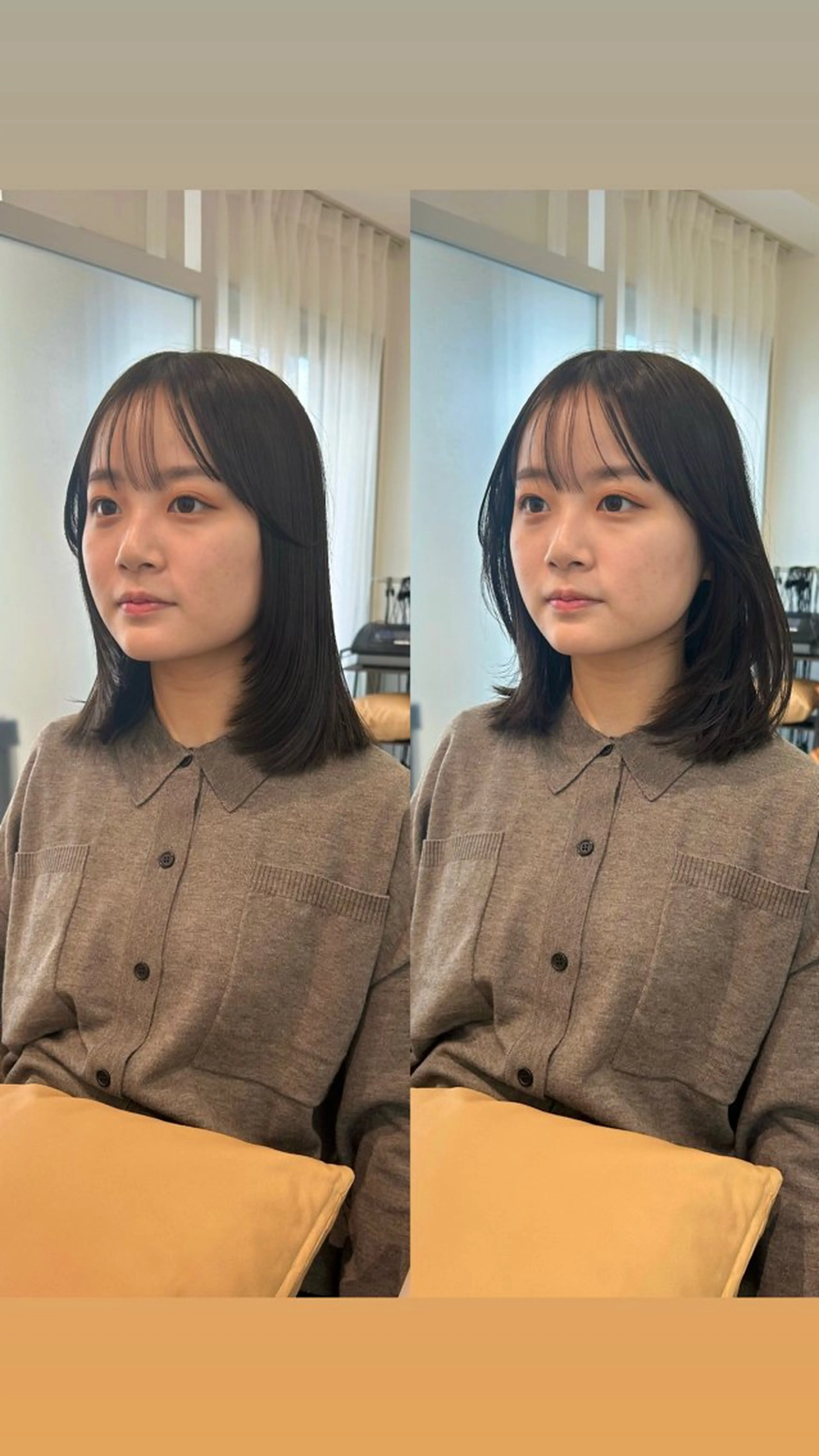 ミディアム カラー アッシュ アッシュブラウン ブラウンカラー 顔まわりレイヤー 顔周りカット オリーブ/アッシュ やわらか透明感カラーのヘアスタイル