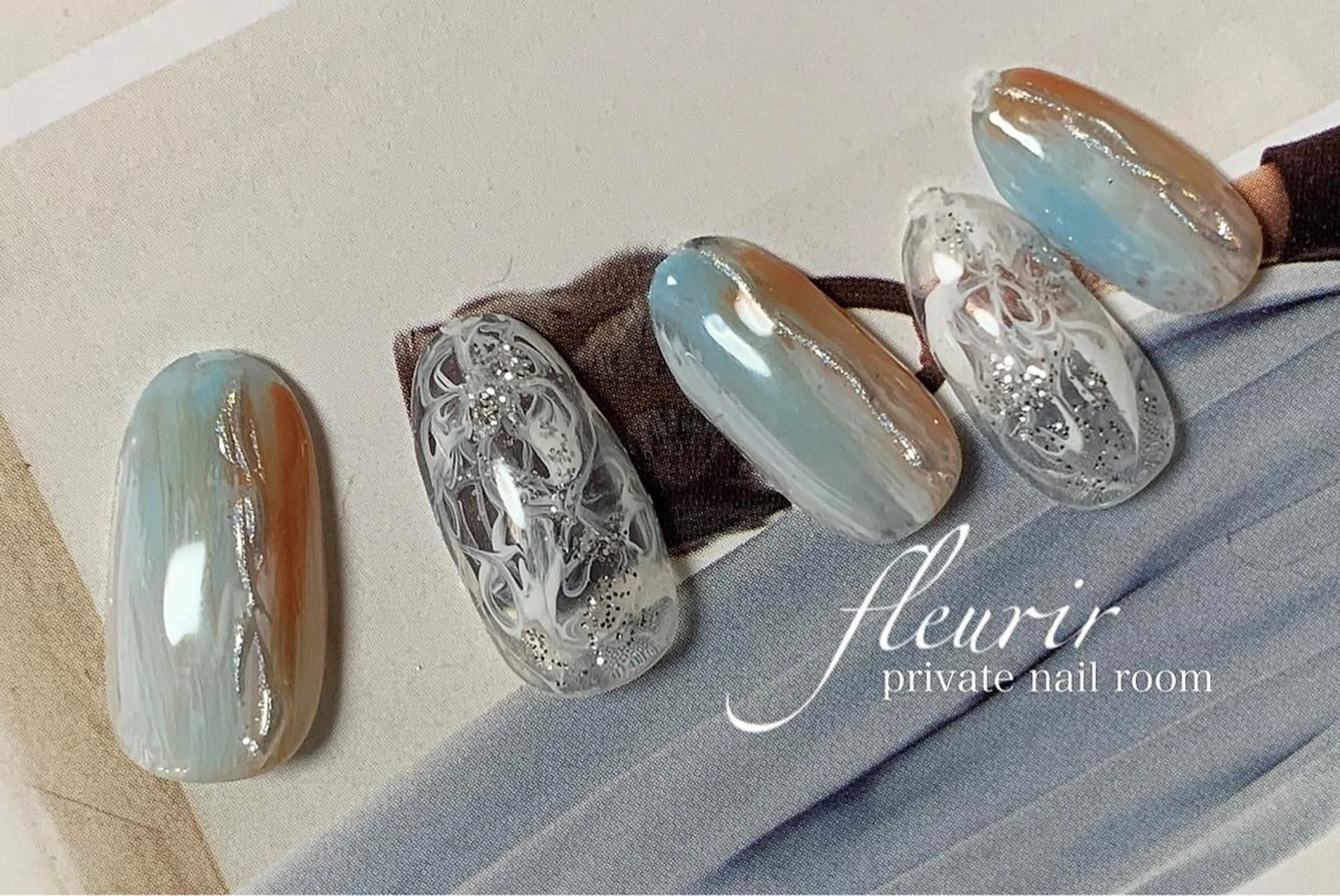 ネイル オーロラネイル ブラウン クリアネイル 長さ出し ジェルネイル フルリール 【プライベートサロンのネイルデザイン