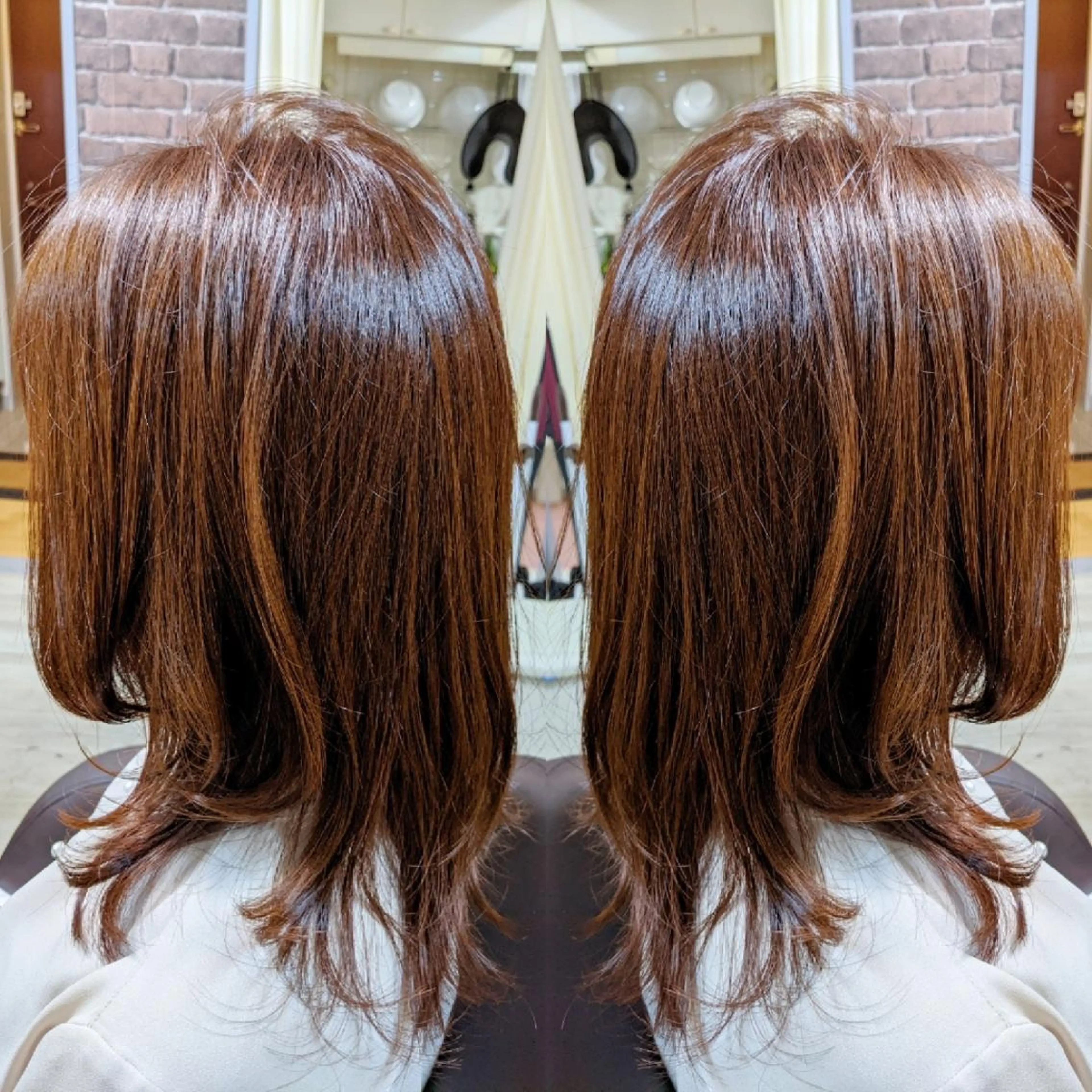 ミディアム カラー オレンジ 韓国風ヘア レイヤーカット 池田 恵久美のヘアスタイル