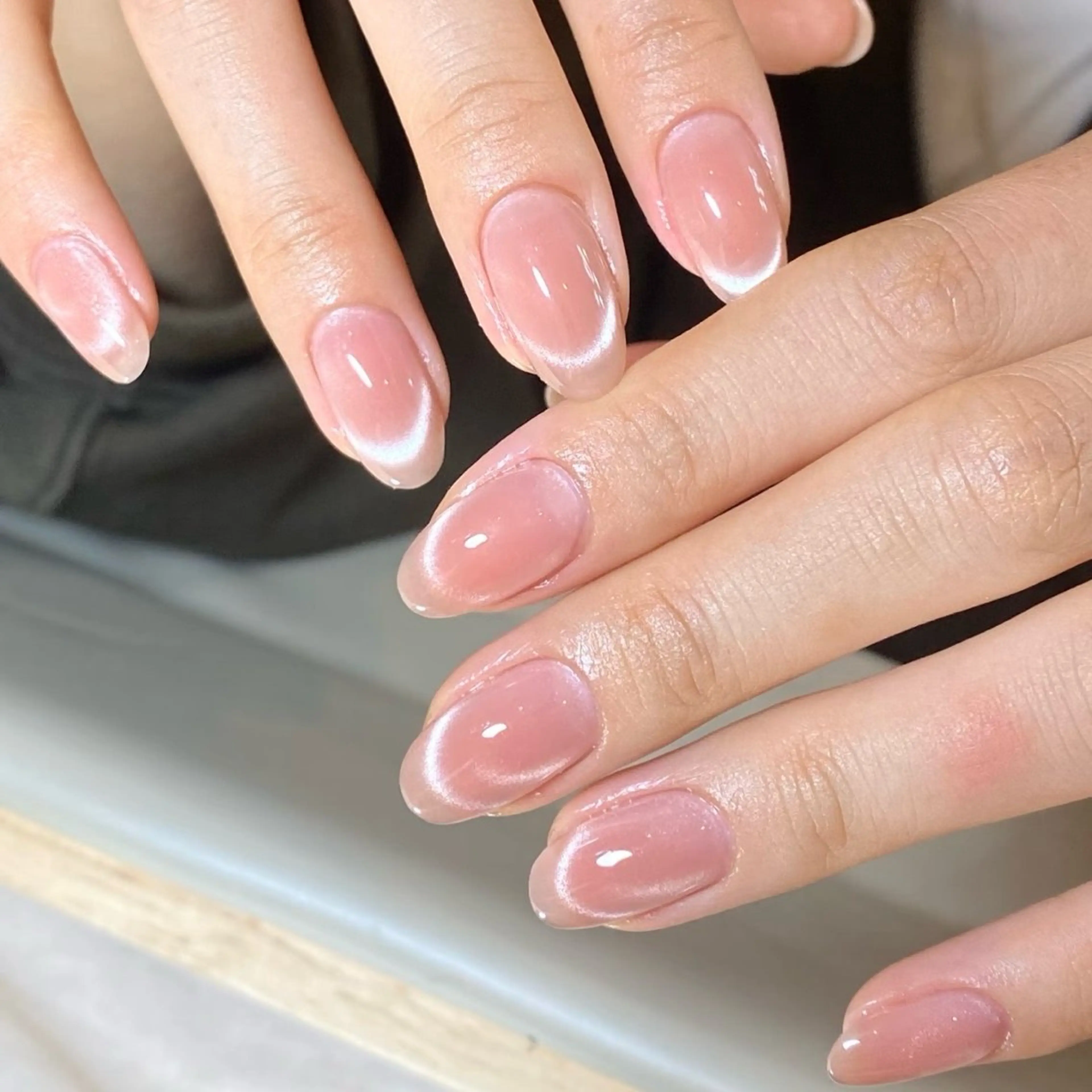 ネイル オーロラネイル 長さ出し フレンチネイル ジェルネイル ガラスフレンチ ハンドネイル Rela・S NAILのネイルデザイン