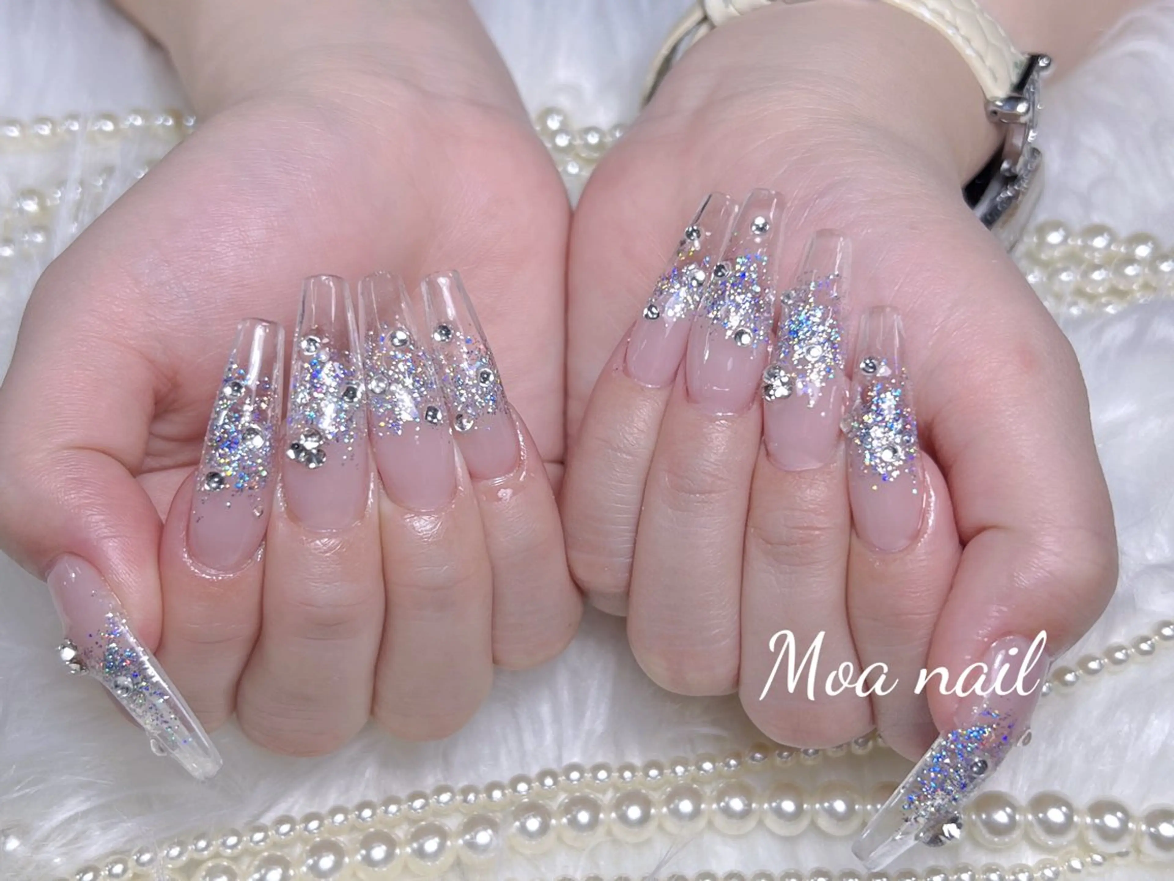 ネイル 長さ出し フレンチネイル ガラスフレンチ ハート キラキラネイル ハンドネイル Moa nailのネイルデザイン