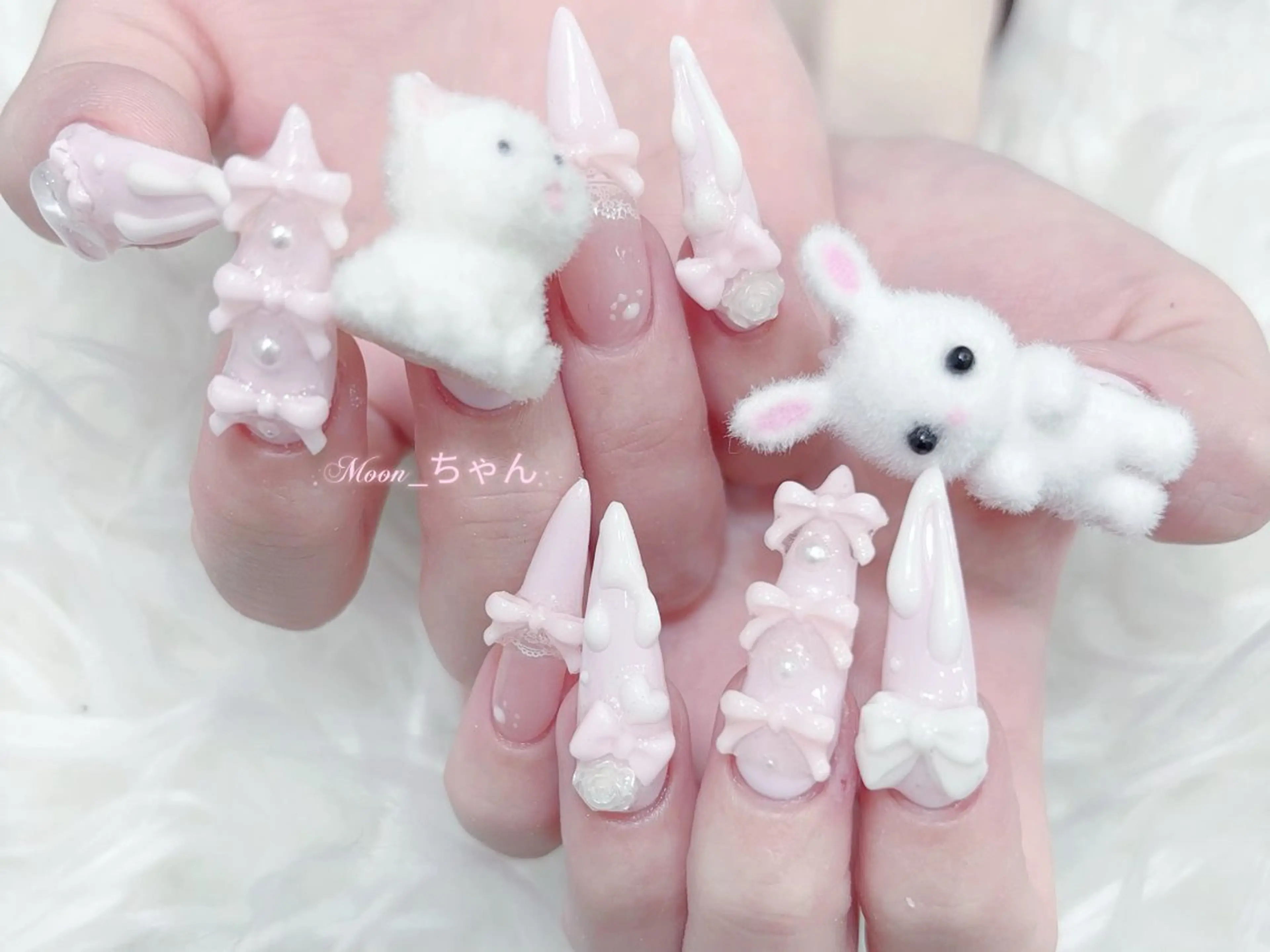 ネイル 成人式 マグネットネイル 大理石ネイル(マーブル) リボン 夏ネイル ハンドネイル MoMoA Nail ネイル長さ出し専門店のネイルデザイン