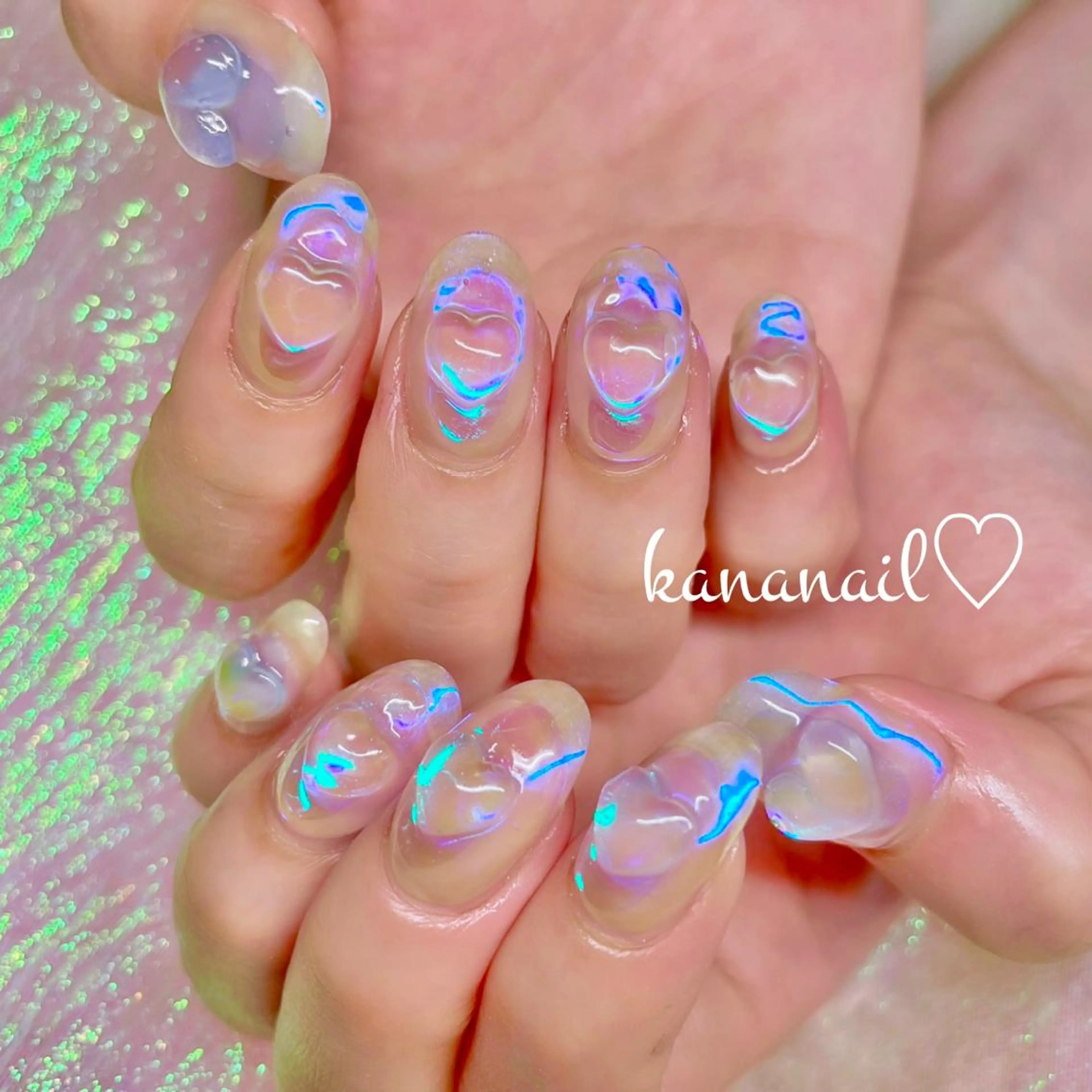 ネイル オーロラネイル ブルー クリアネイル ハート 氷ネイル・うるうるネイル kananail ♡のネイルデザイン
