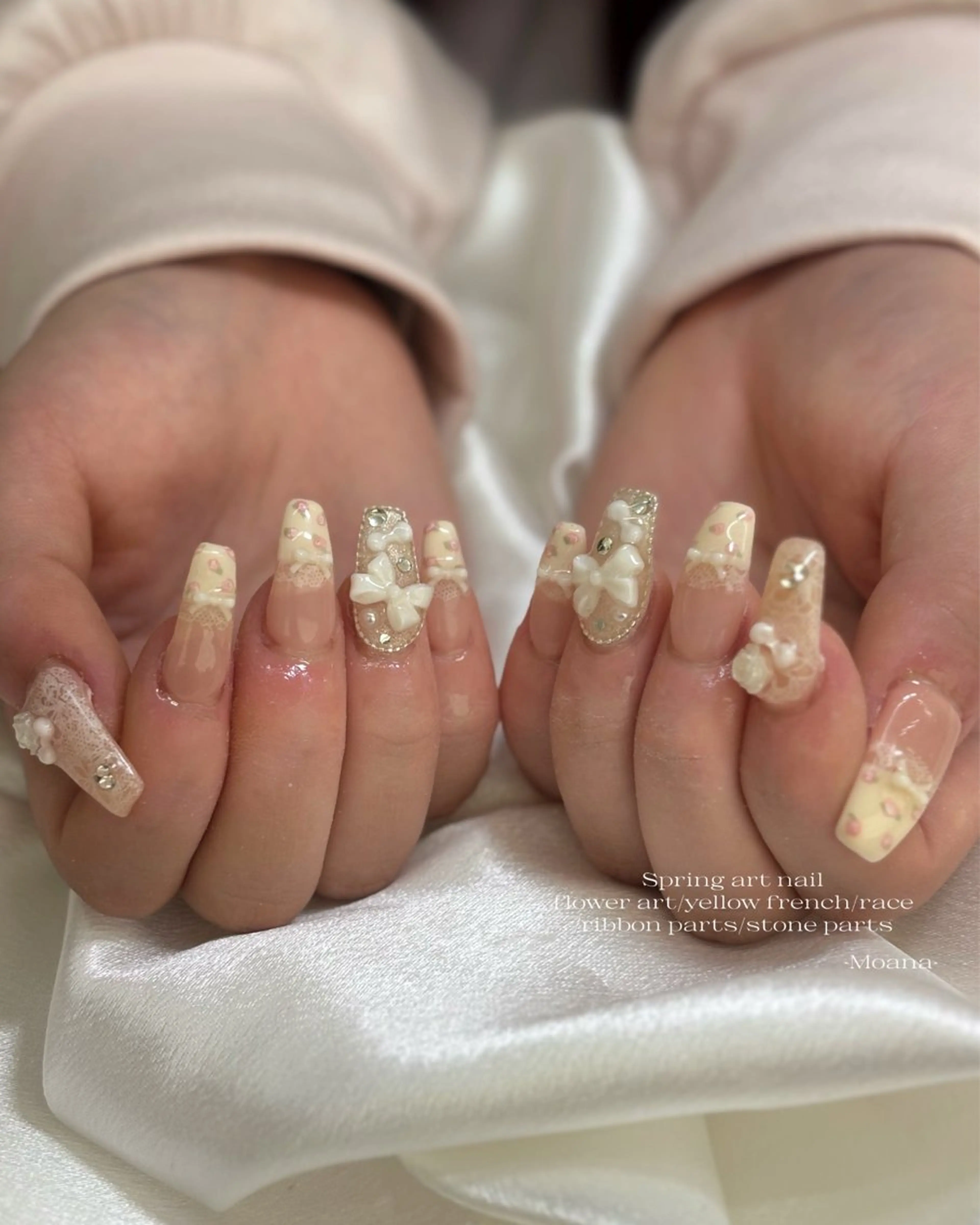 ネイル アートネイル 長さ出し フラワーネイル フレンチネイル レース ハンドネイル Moana nail Hiyoriのネイルデザイン