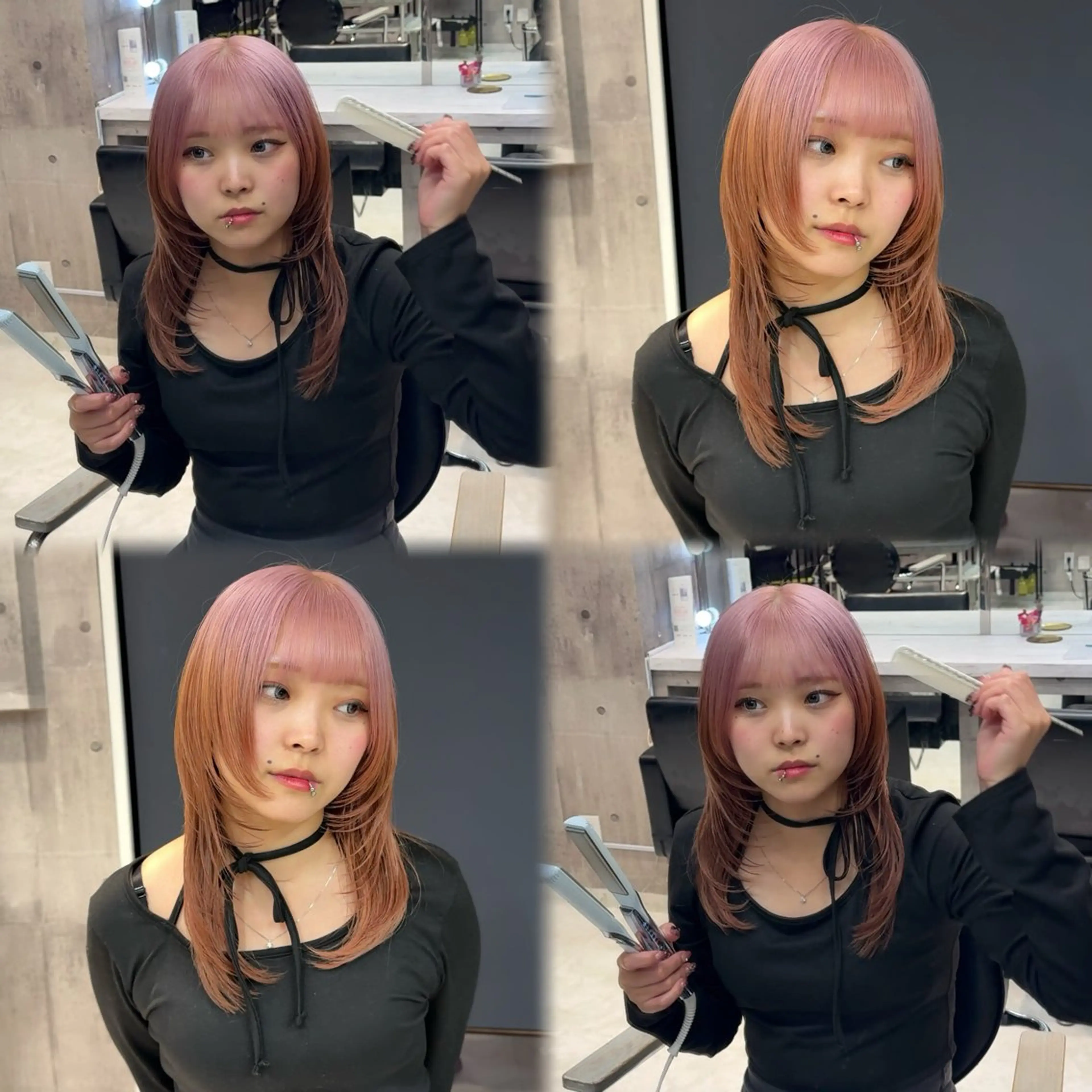 セミロング カラー ヘアアレンジ ベージュカラー ブリーチ ブロンド ミルクティーベージュ ピンクカラー ヘアカラー 複雑履歴修正/ ハイトーン職人/拓真のヘアスタイル