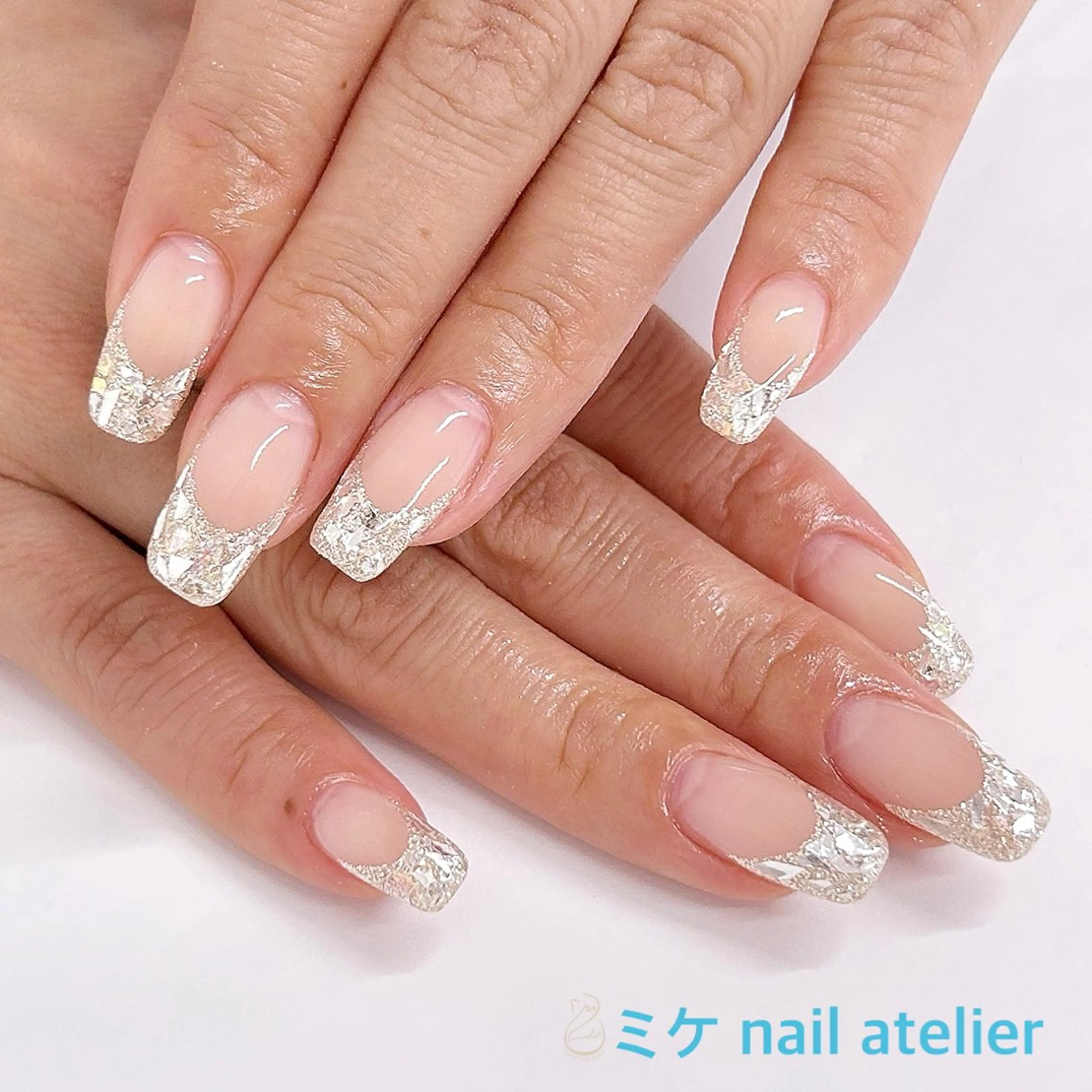 ネイル フレンチネイル ジェルネイル ガラスフレンチ キラキラネイル ラメ(グリッター) ハンドネイル h. rikaのネイルデザイン