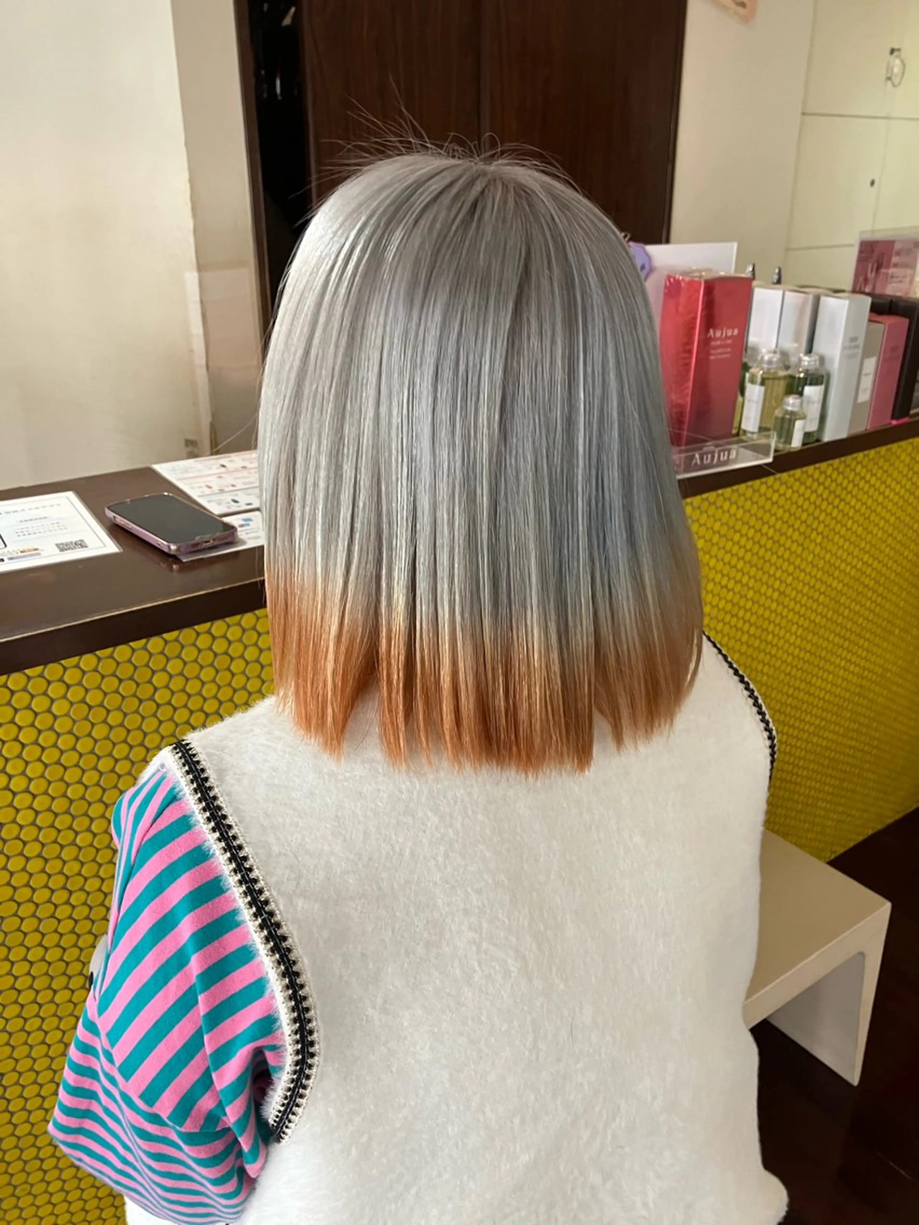 ミディアム カラー ブリーチ オレンジ カット ヘアカラー トリートメント yossy/髪質改善 /ダブルカラーのヘアスタイル