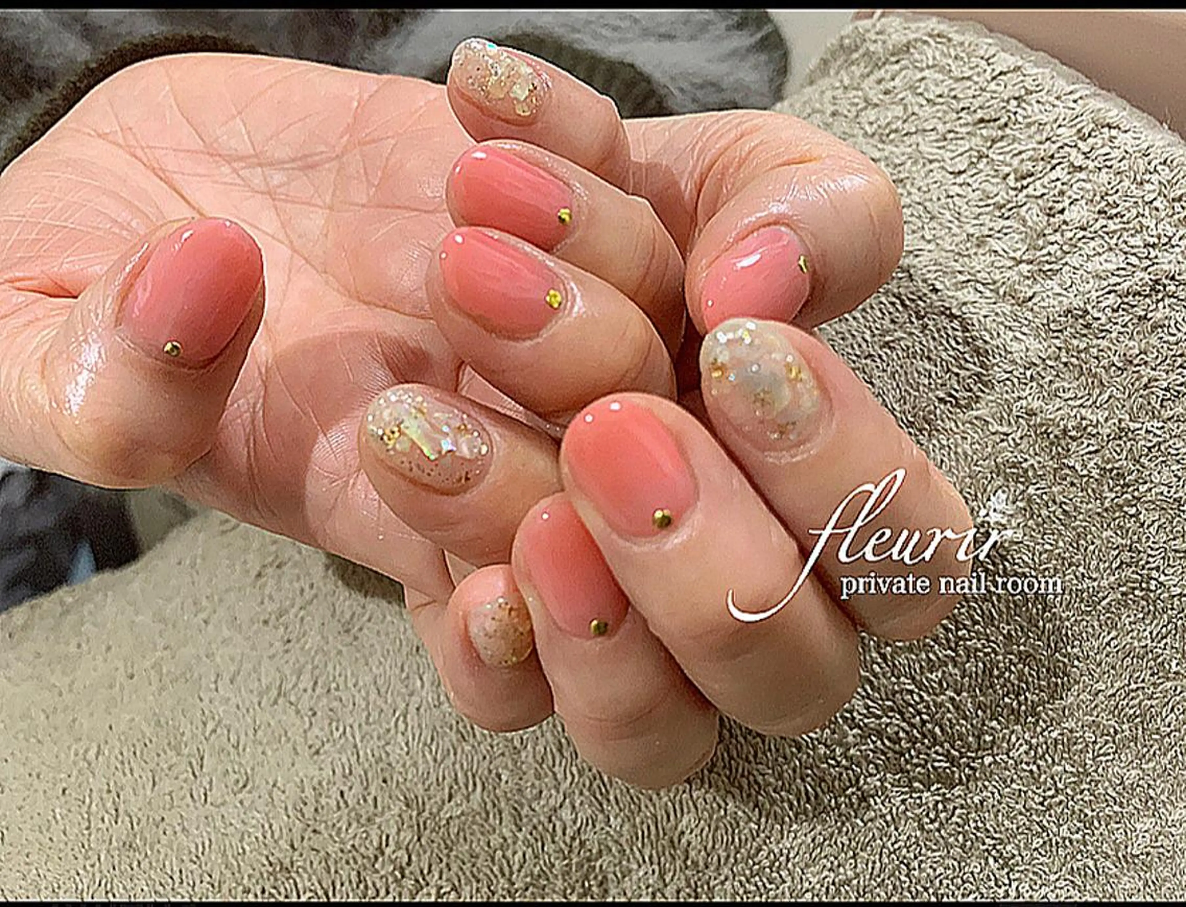 ネイル クリアネイル ゴールド ラメ(グリッター) オレンジ ピンク フルリール 【プライベートサロンのネイルデザイン