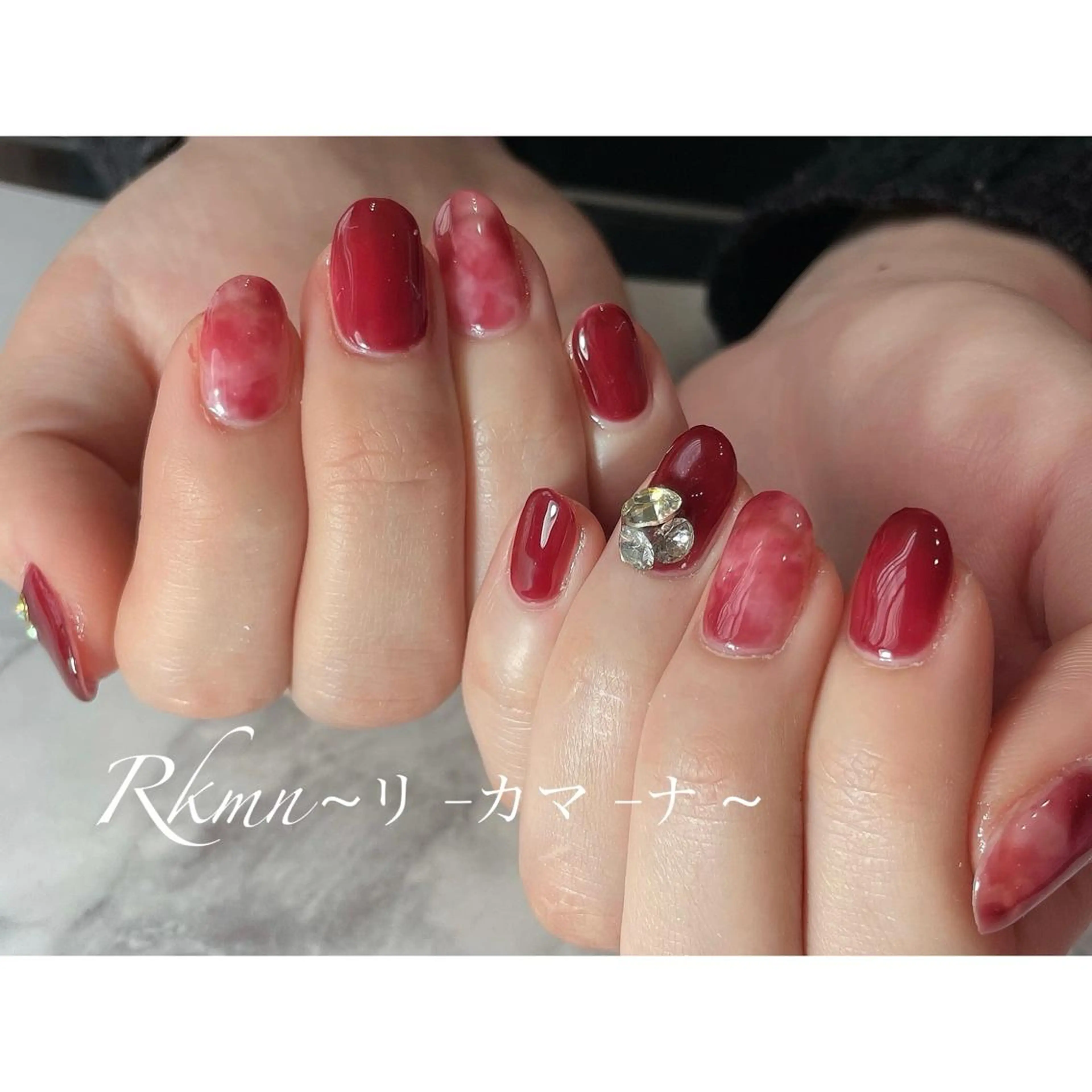 ネイル アートネイル べっ甲ネイル ボルドー ニュアンスネイル 春ネイル ハンドネイル フットネイル ハンドケア Rkmn ~リ-カマ-ナ~のネイルデザイン