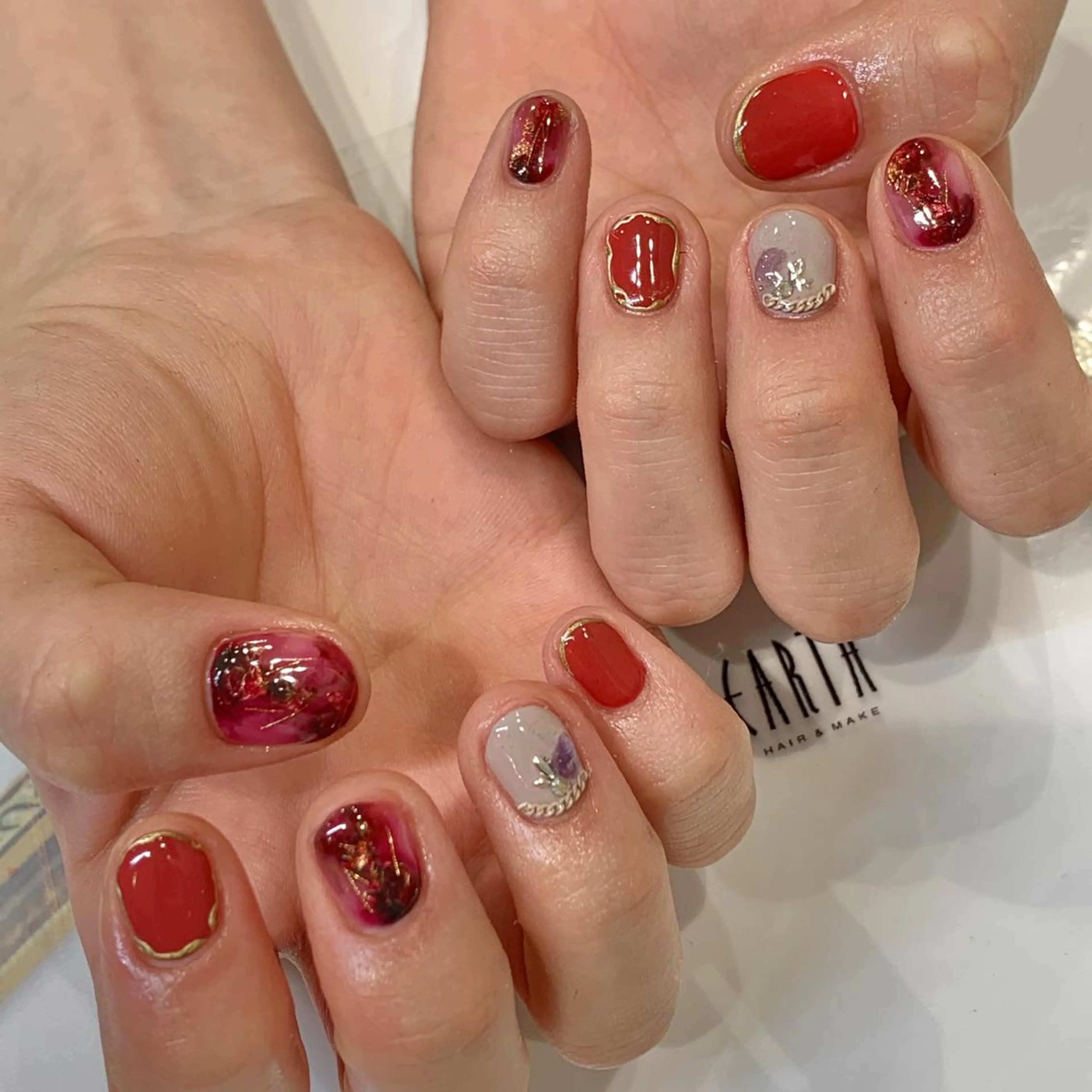 ネイル ボルドー 大理石ネイル(マーブル) ニュアンスネイル ショートネイル ハンドネイル 佐藤 まりえのネイルデザイン