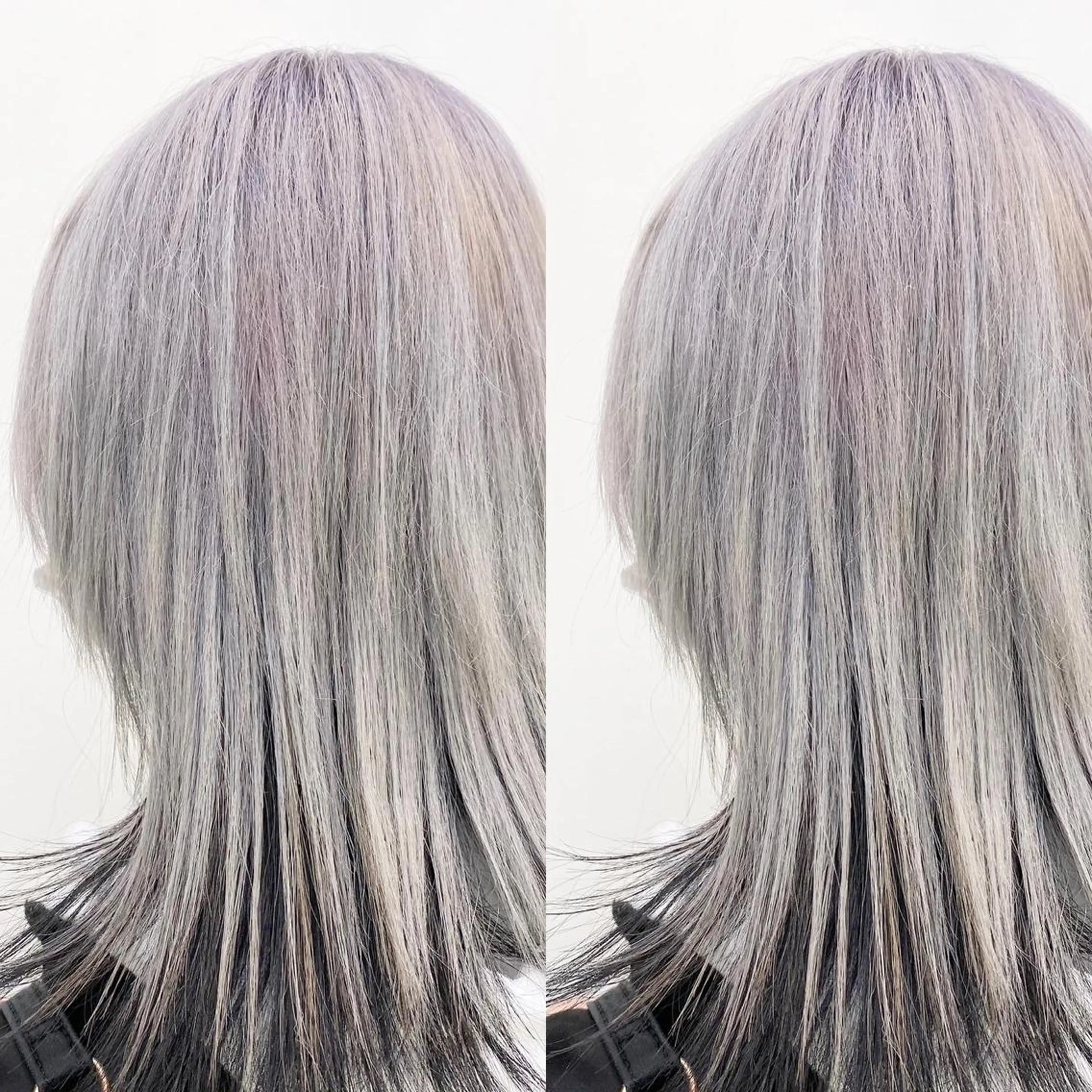 カラー 黒髪 ブリーチ ラベンダーカラー シルバー 韓国ヘア レイヤーカットのヘアスタイル