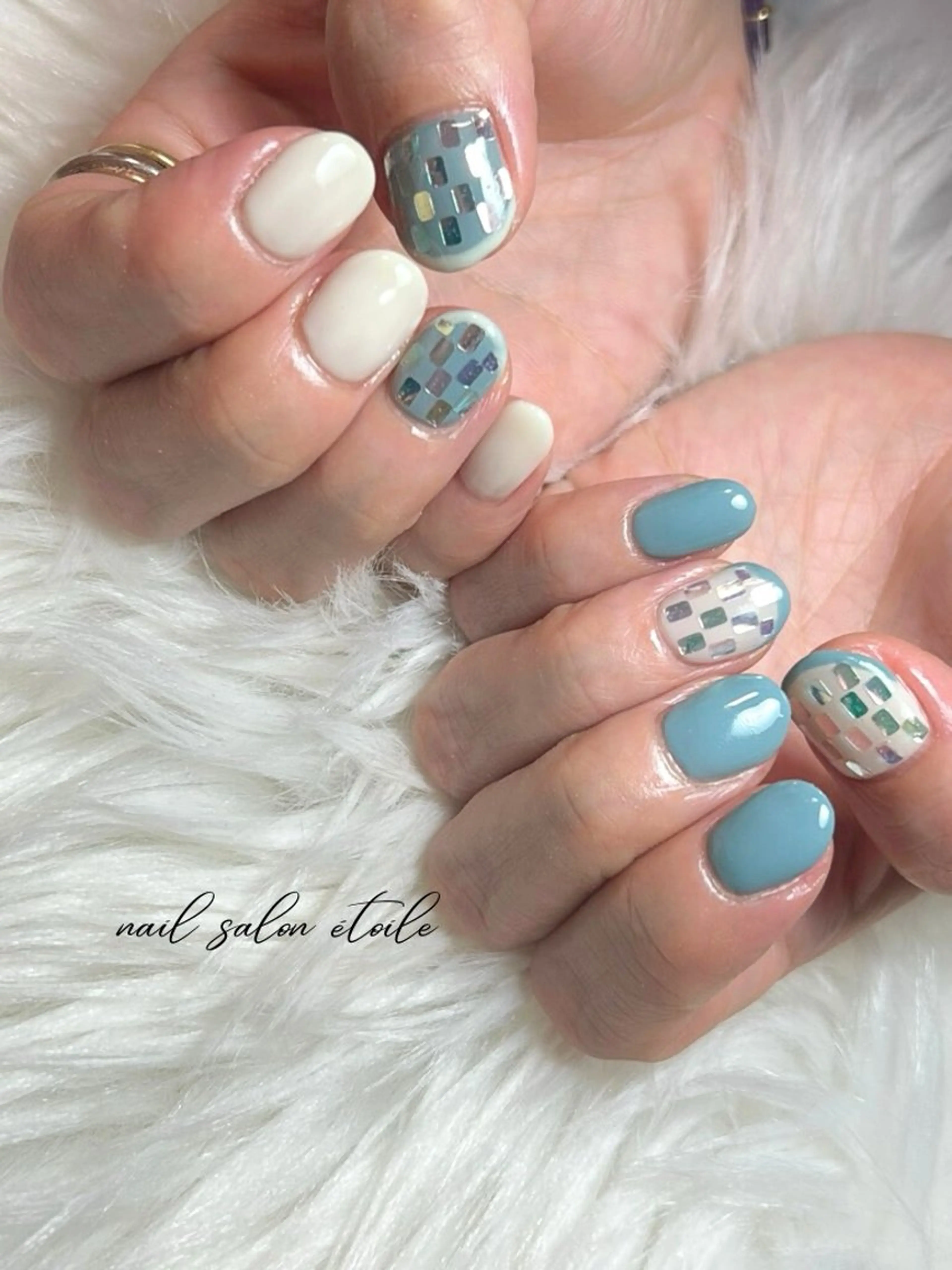 ネイル アートネイル オーロラネイル ブルー フレンチネイル 水色 ハンドネイル nail salon étoileのネイルデザイン