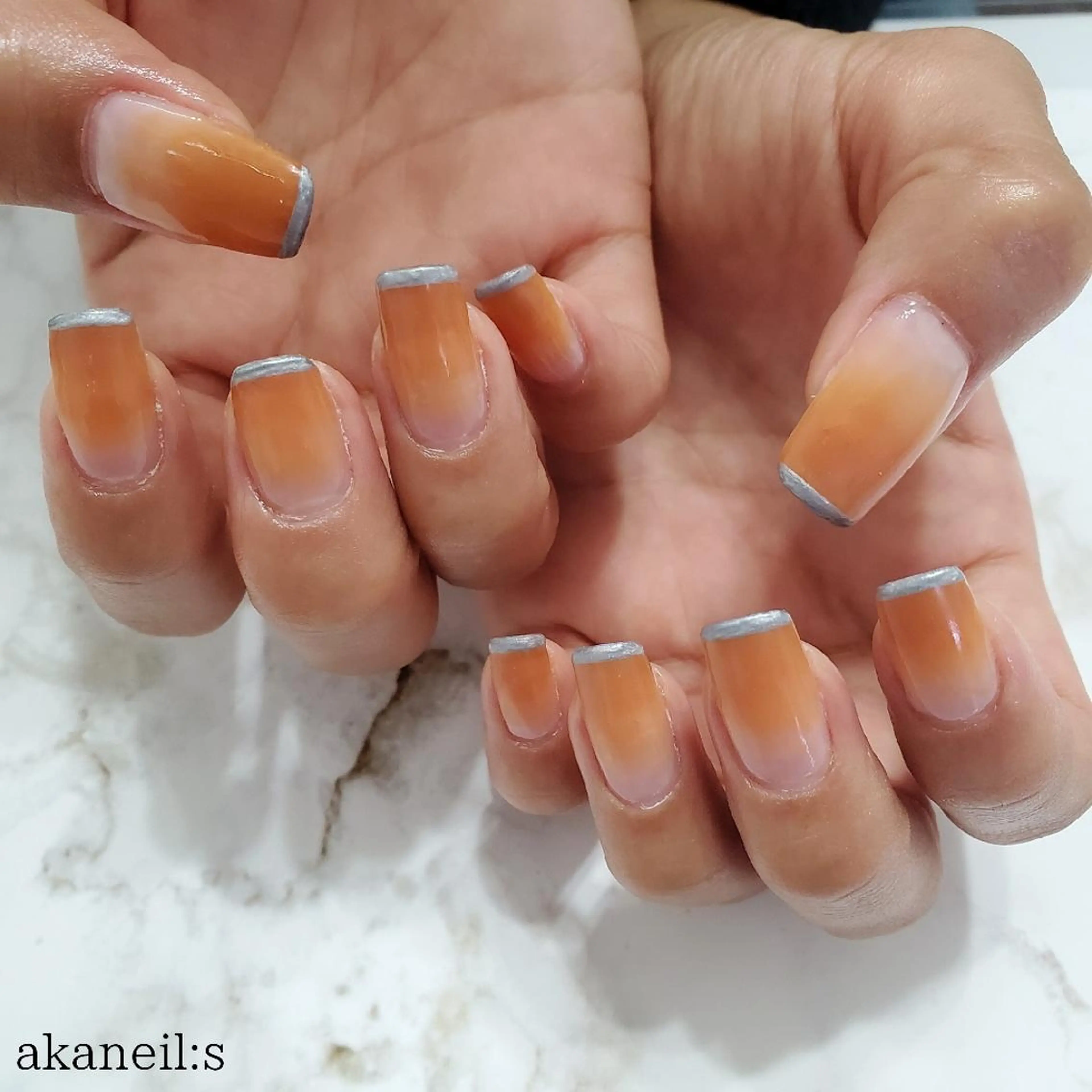 ネイル ブラウン フレンチネイル グラデーション オレンジ シルバー 【akaneils】 アカネのネイルデザイン
