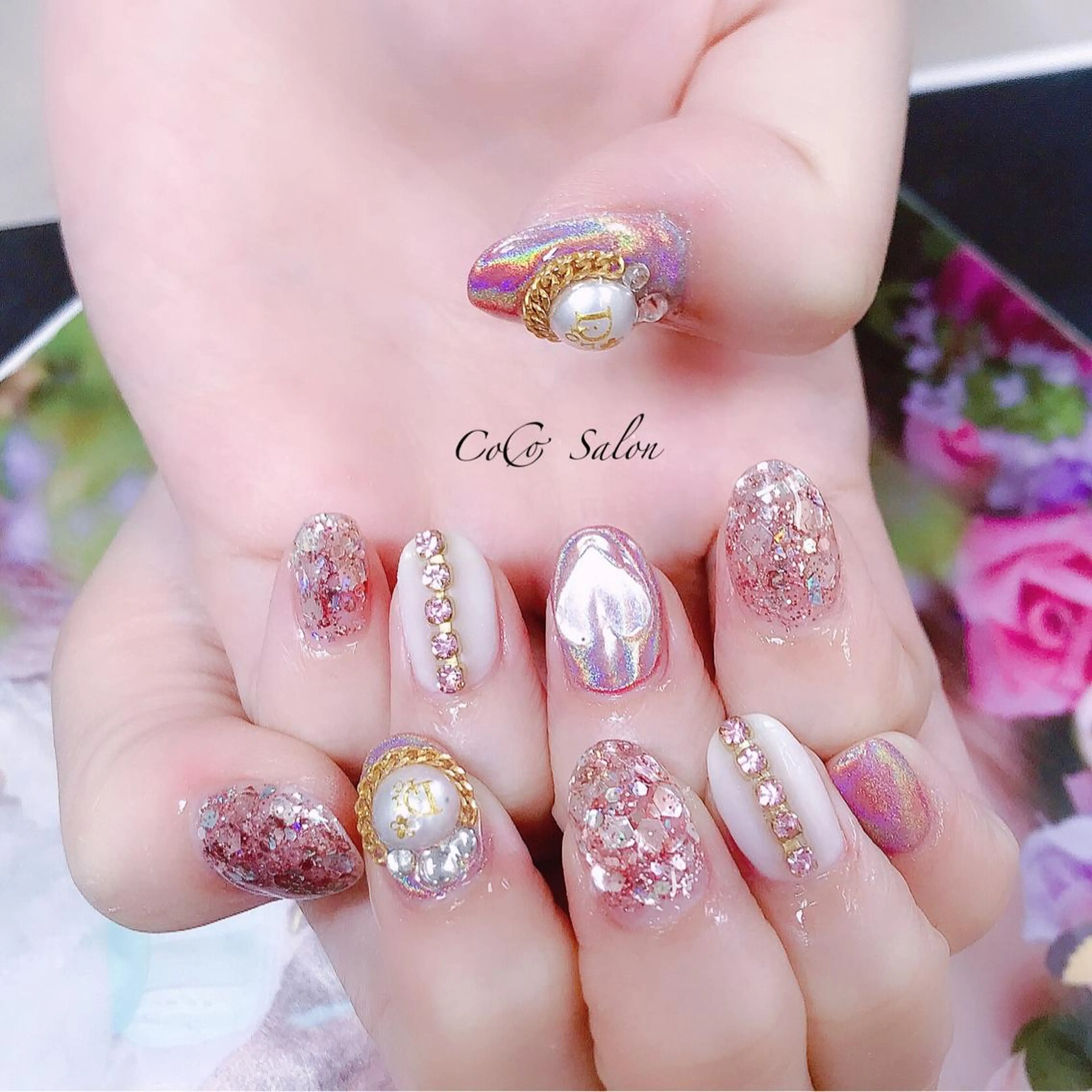 ネイル 長さ出し ジェルネイル ハート ホログラムネイル ミラーネイル CoCoSalon ネイル/まつ毛予約のネイルデザイン