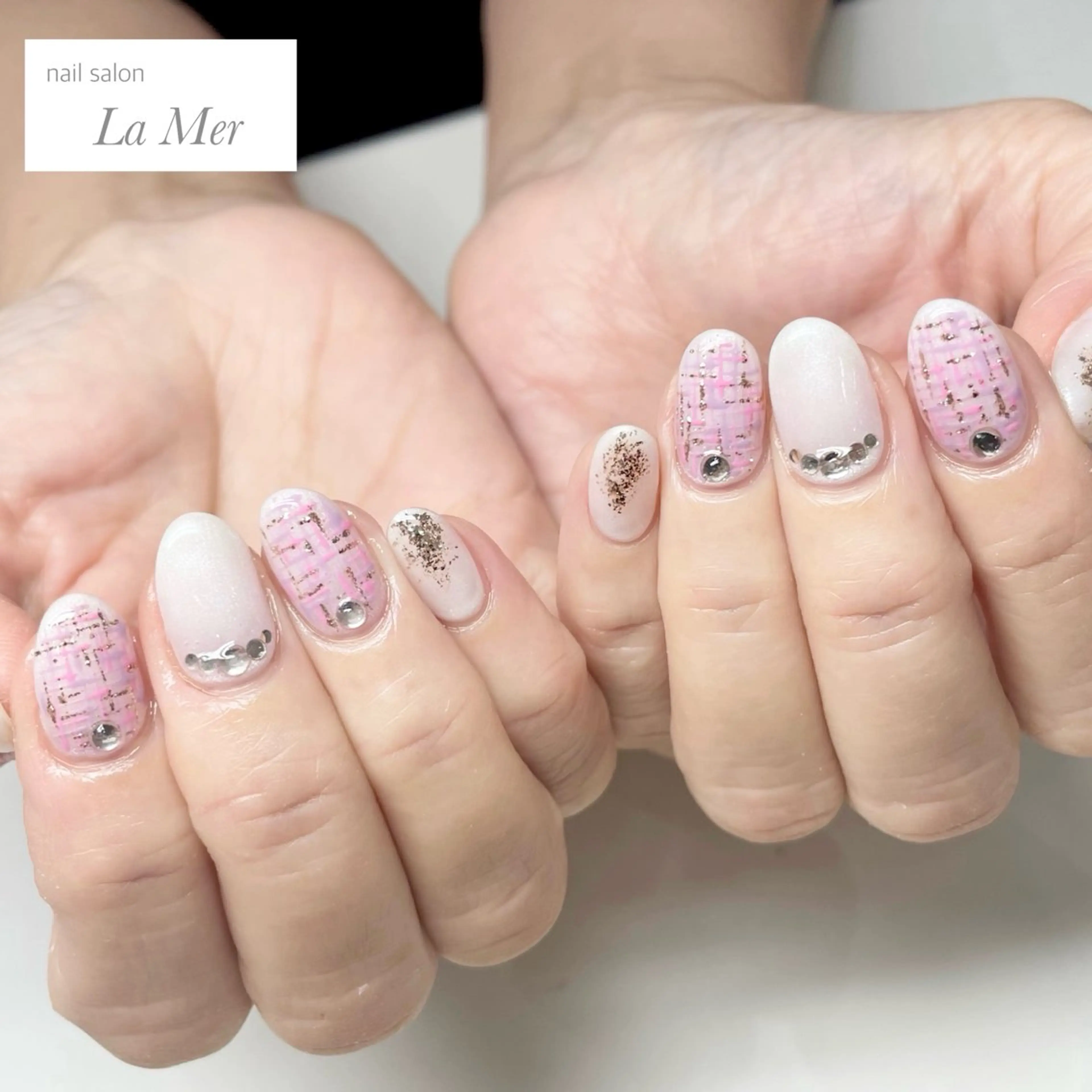 ネイル パープル ツイードネイル ホワイト 冬ネイル nailsalon La Merのネイルデザイン