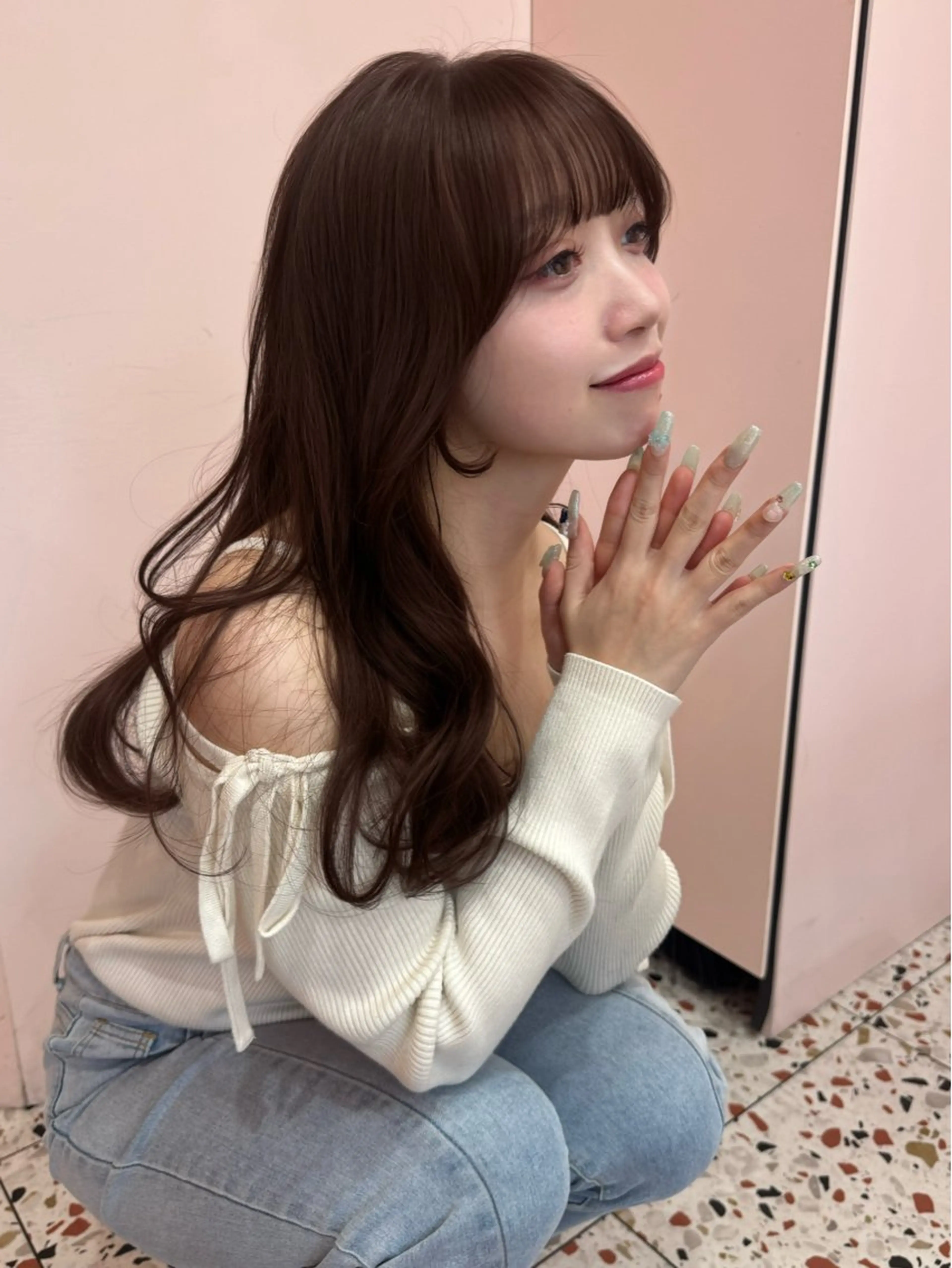 ロング 顔まわりレイヤー 顔周りカット 髪質改善 韓国風ヘア レイヤーカット カット ヘアカラー トリートメント 顔周り/透明感カラー REINA𓍯のヘアスタイル