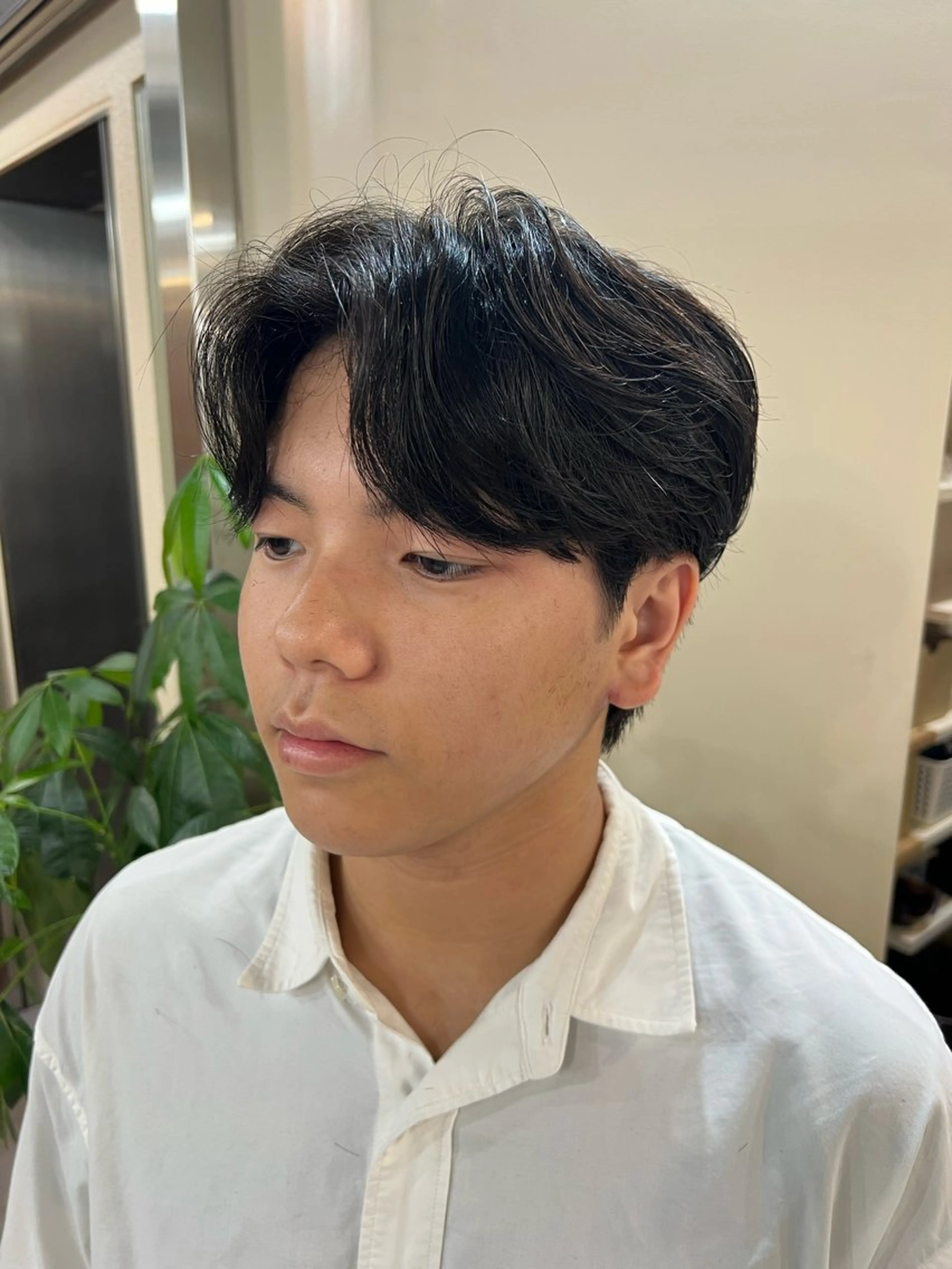ミディアム パーマ メンズ カット パーマ メンズ職人/センター パート/富沢真斗のヘアスタイル