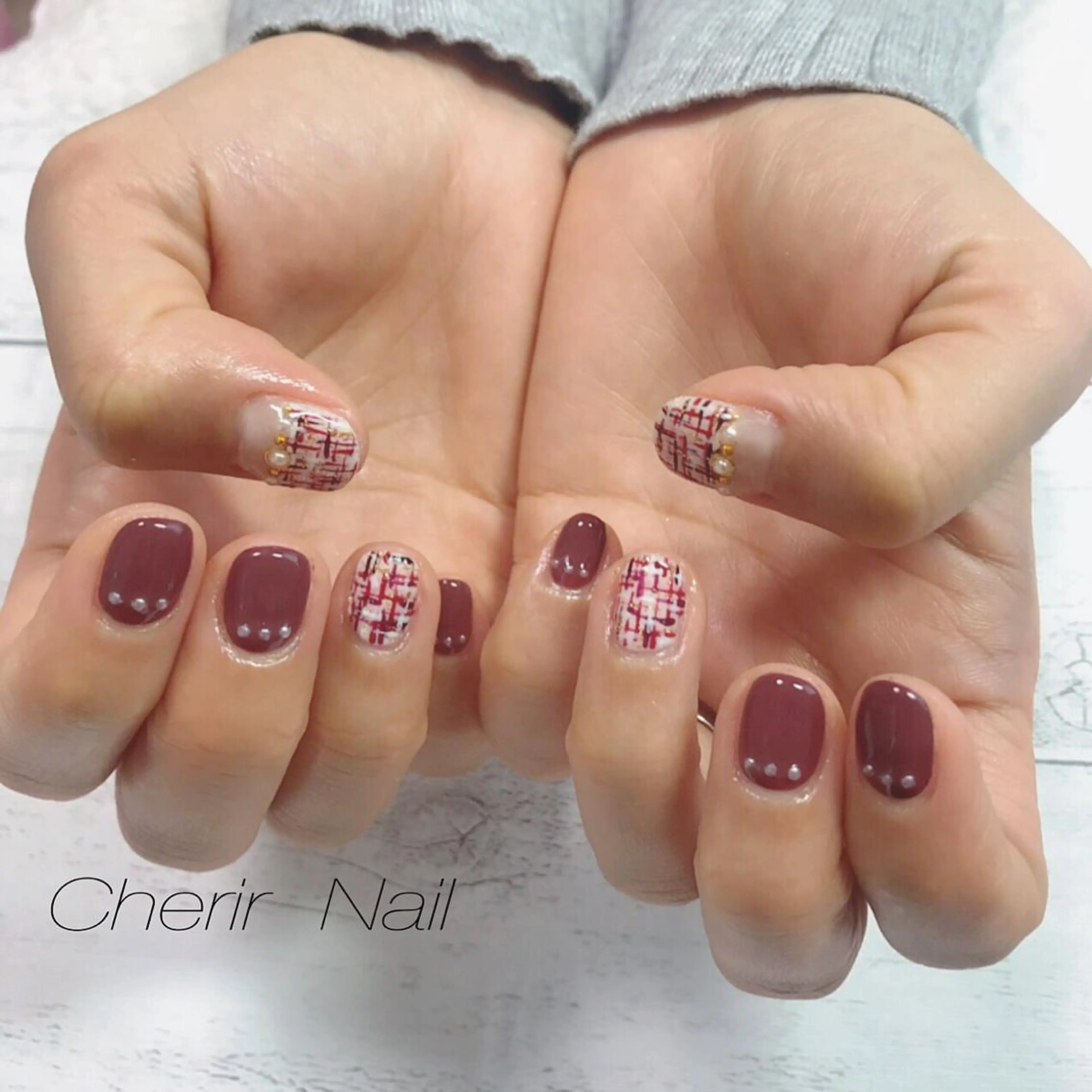 ネイル アートネイル カジュアル ワンカラーネイル ショートネイル ツイードネイル ハンドネイル Cherirnail kaoriのネイルデザイン