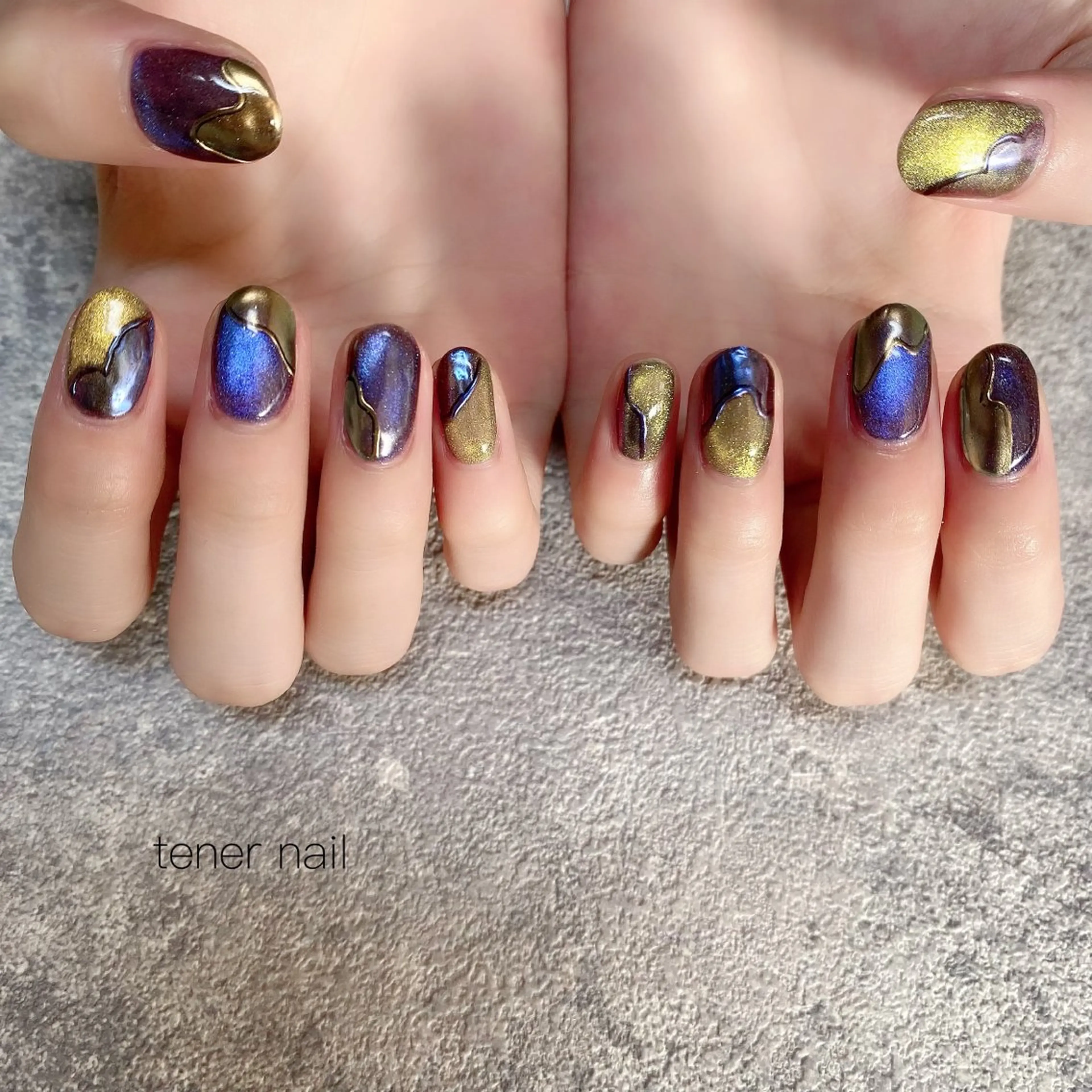 ネイル ブルー マグネットネイル 黄色 tener  nail  テネルネイル所属・テネルネイル tener nailのネイルデザイン
