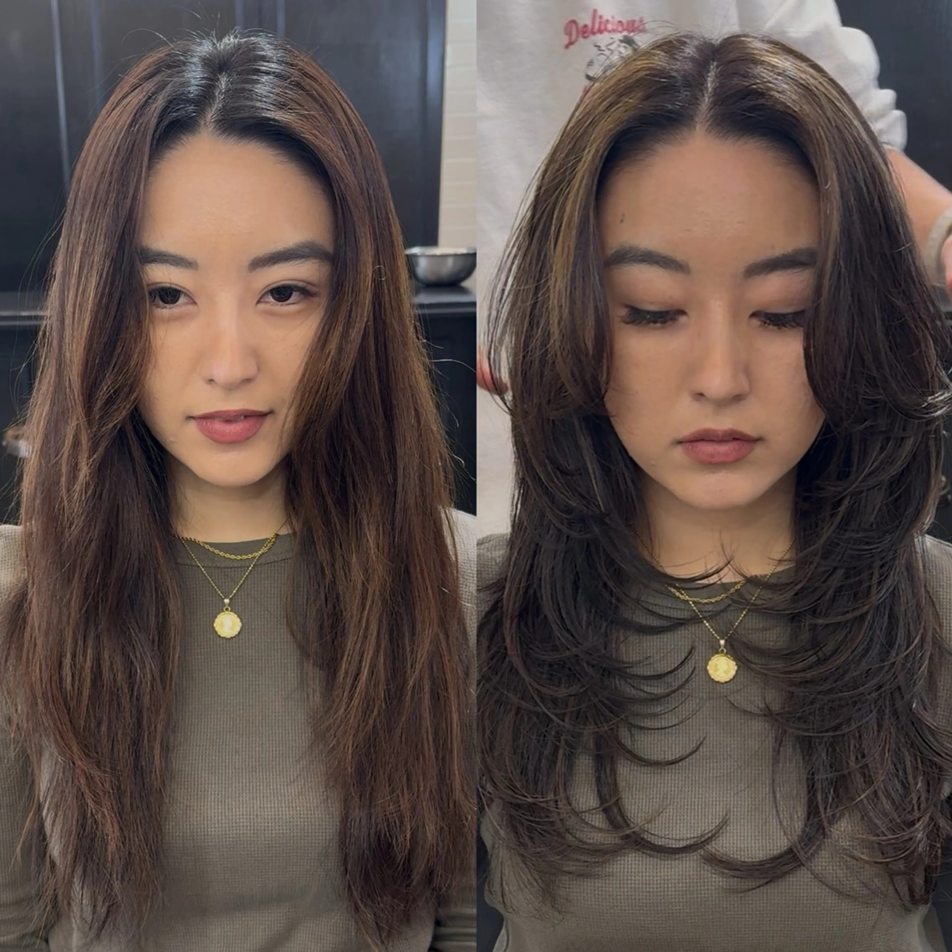 ロング カラー 透明感カラー 顔まわりレイヤー 顔周りカット レイヤーカット 小顔カット カット ヘアカラー トリートメント 🌟小顔レイヤー× 赤み消し透明感カラーのヘアスタイル