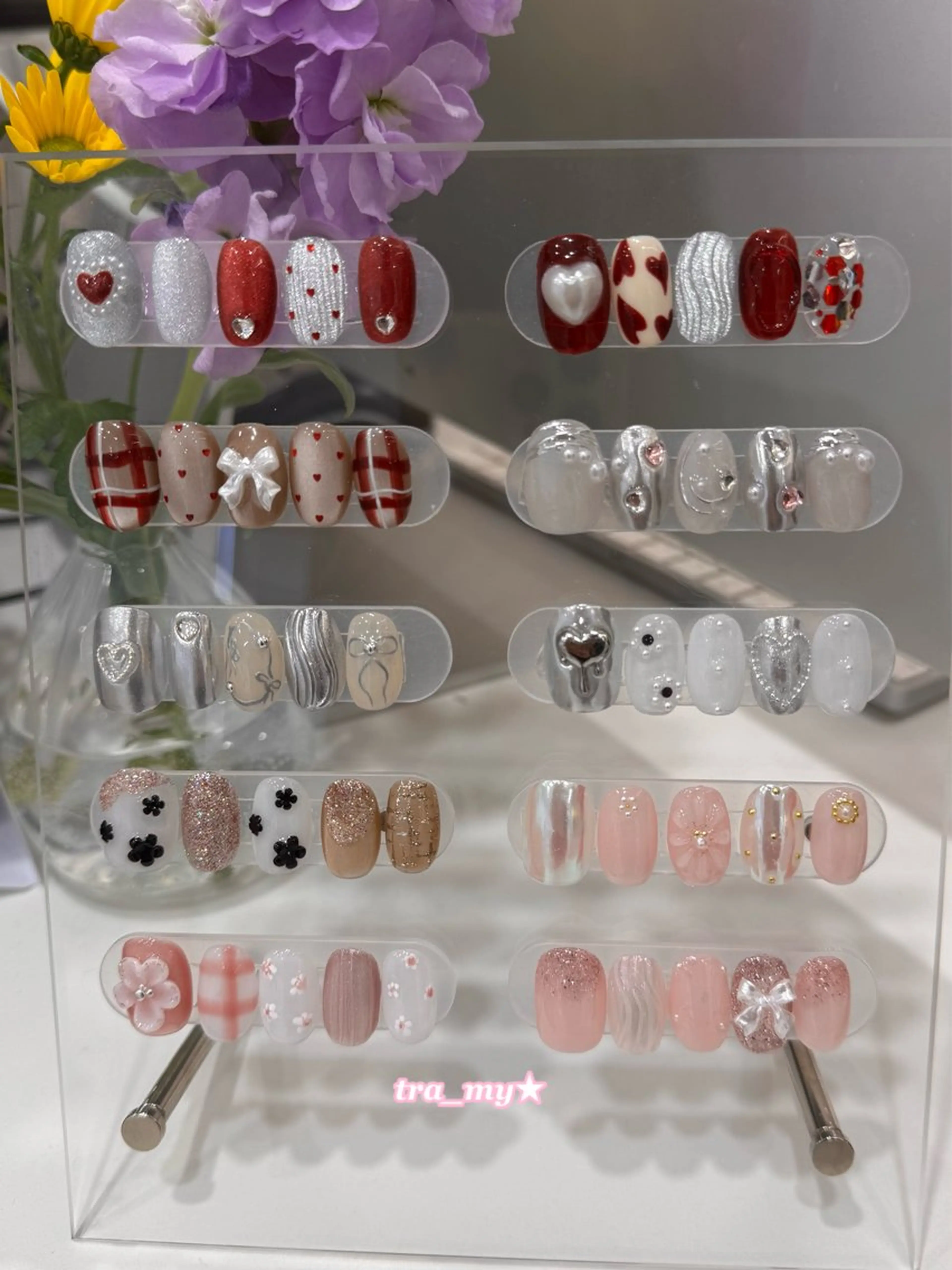 ネイル ジェルネイル ハート リボン 春ネイル 冬ネイル チャ ミーのネイルデザイン