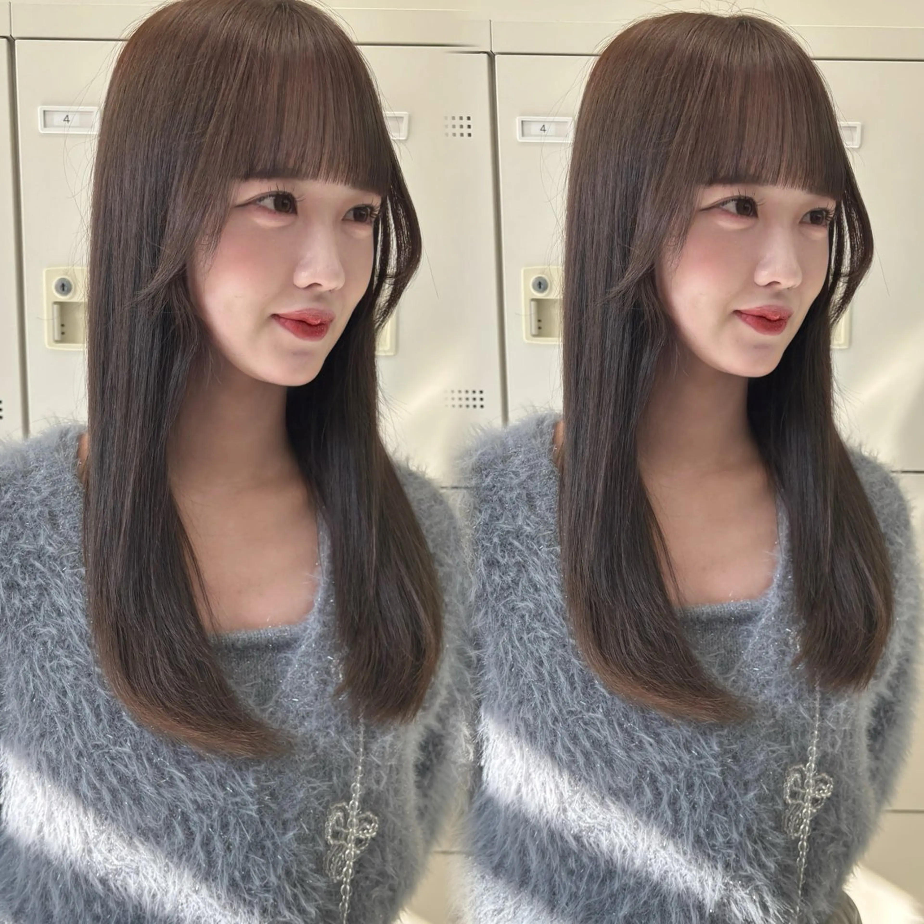 ロング カット ヘアカラー トリートメント 韓国ヘア/ブリーチ無 しWカラー/オリーブのヘアスタイル