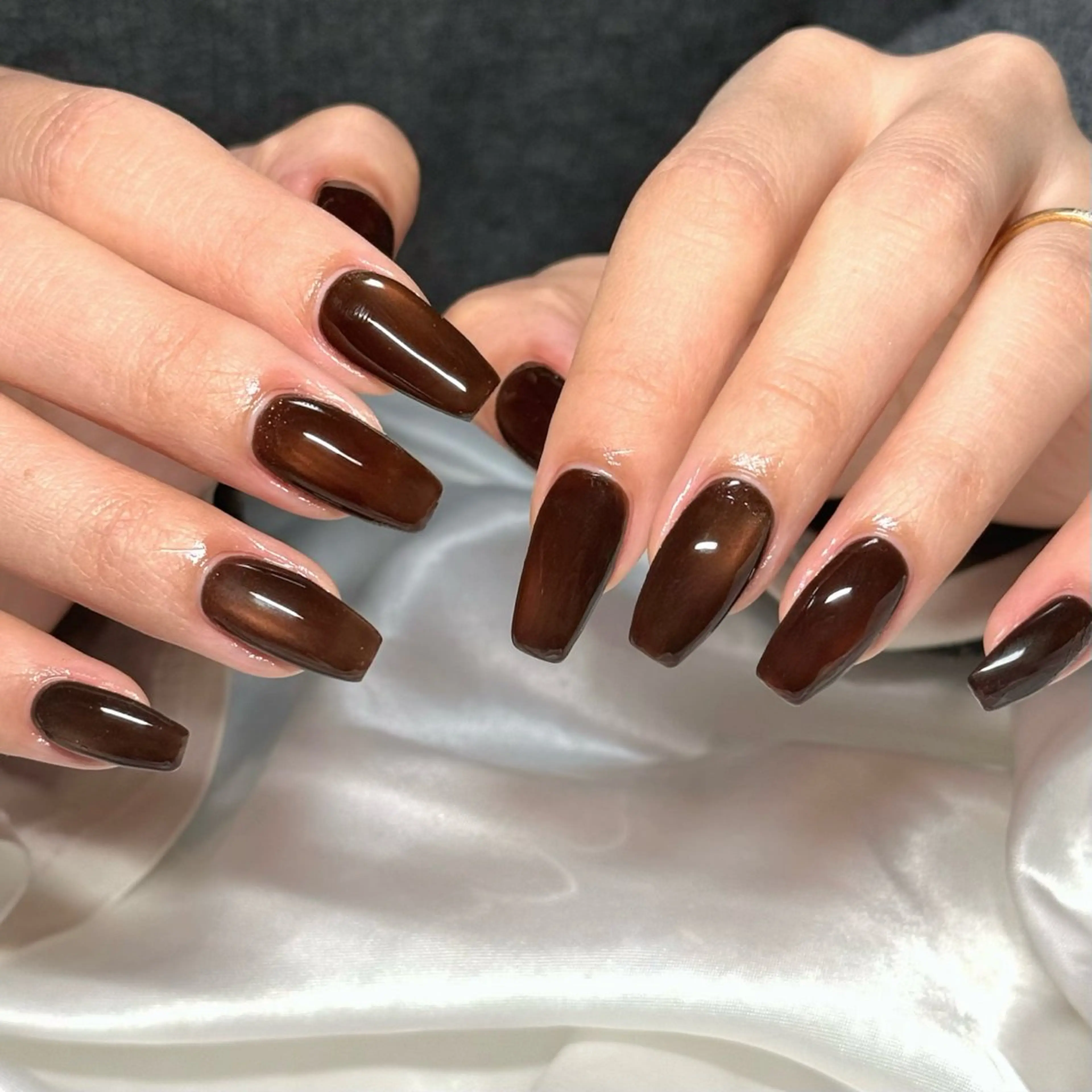 ネイル ブラウン キラキラネイル マグネットネイル ワンカラーネイル シンプルネイル ハンドネイル OKIKA所属・【OKIKA】 らん🦖🌈🧡のマツエク・マツパデザイン