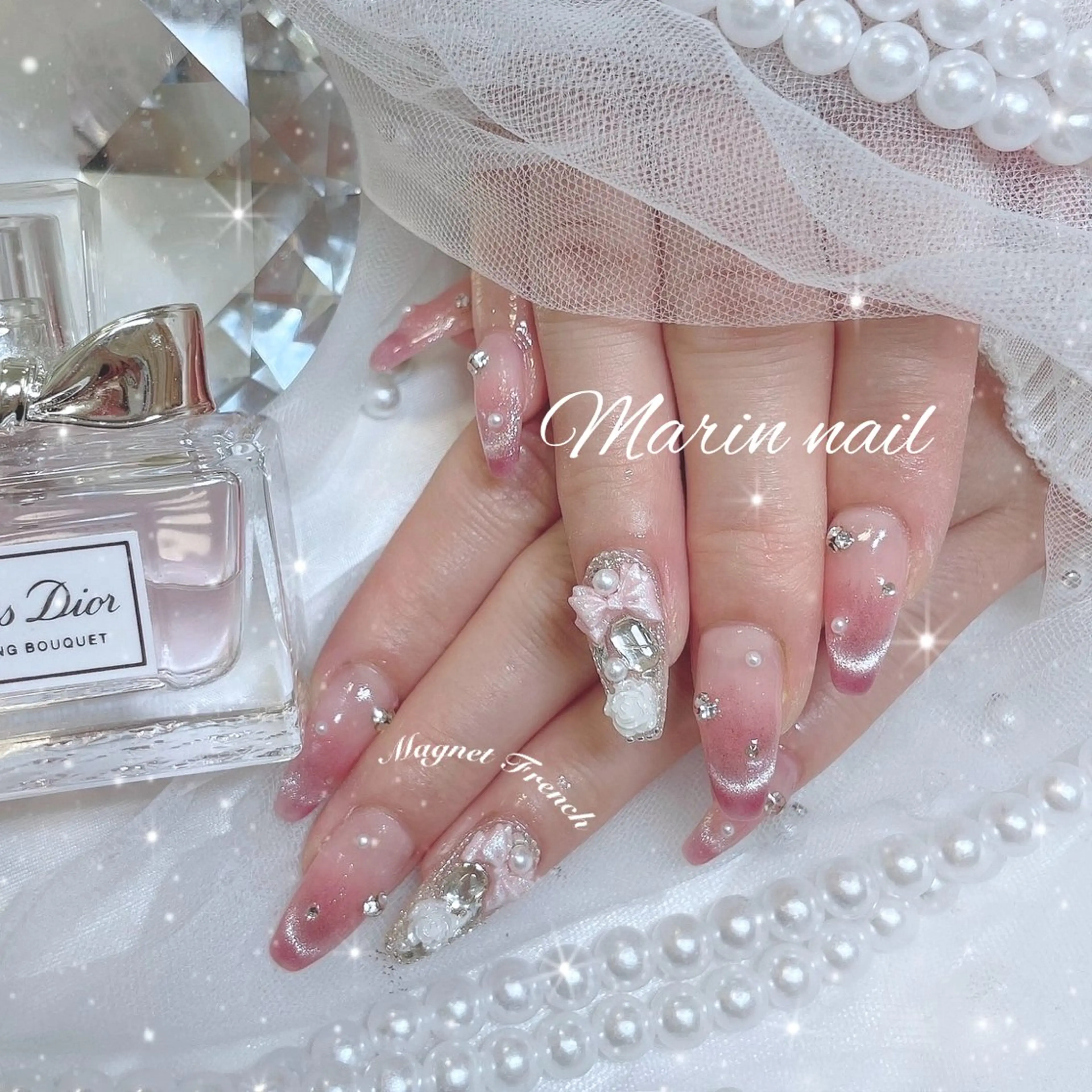 ネイル フレンチネイル 氷ネイル・うるうるネイル マグネットネイル マグネットフレンチ ハンドネイル Marin nailのネイルデザイン