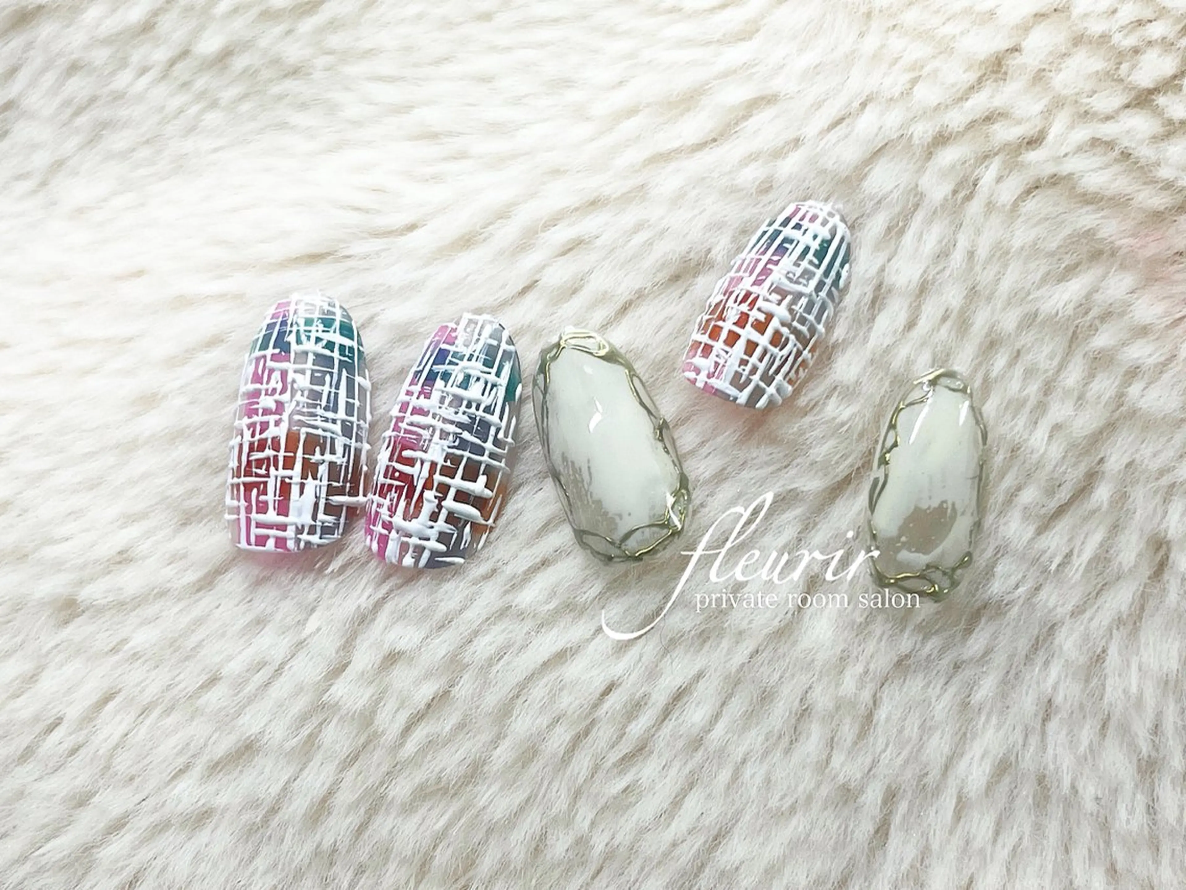 ネイル アートネイル ブルー ミラーネイル オレンジ ピンク フルリール 【プライベートサロンのネイルデザイン