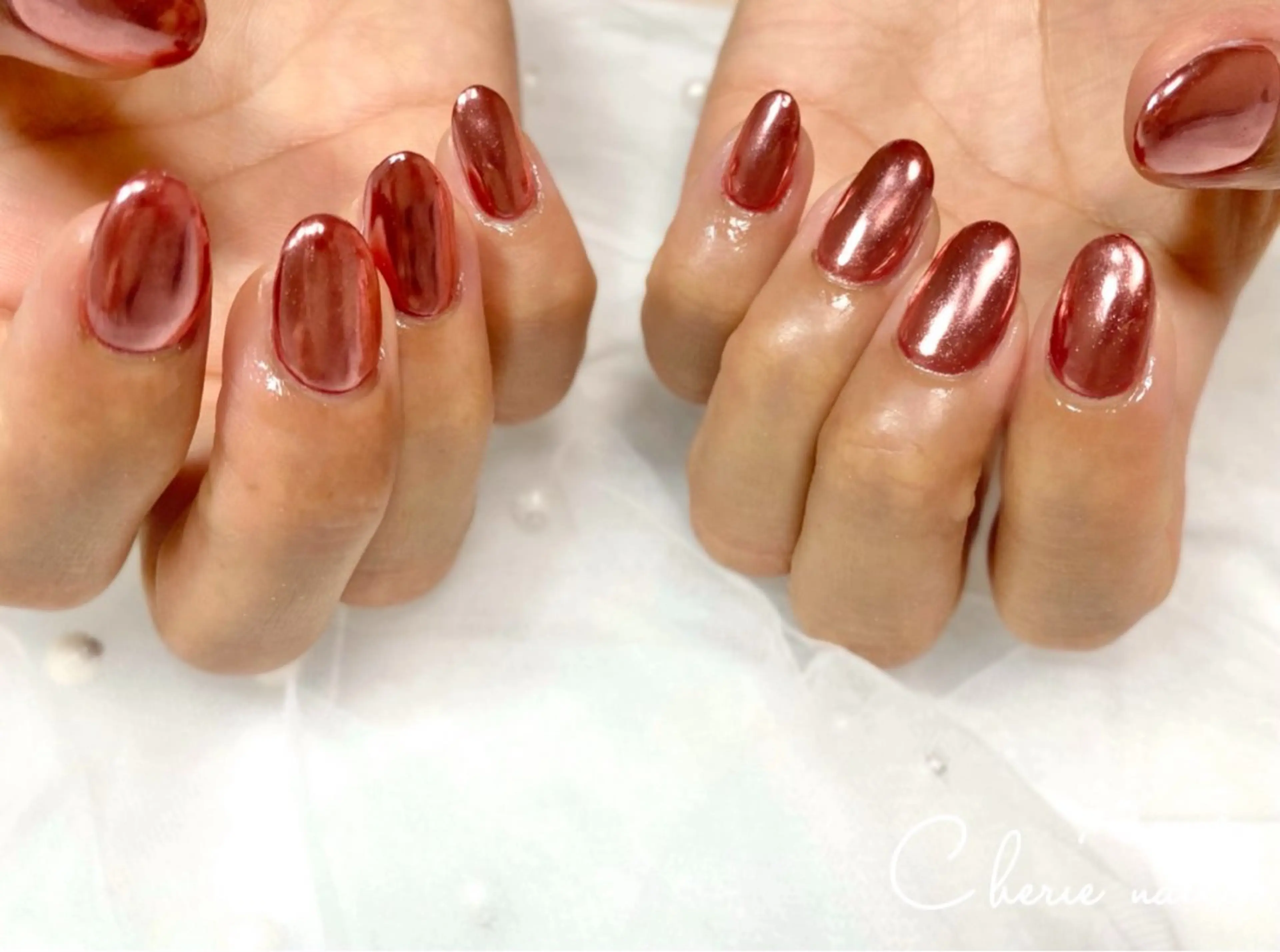 ネイル ジェルネイル ミラーネイル ピンク ハンドネイル Cherienail yunaのネイルデザイン