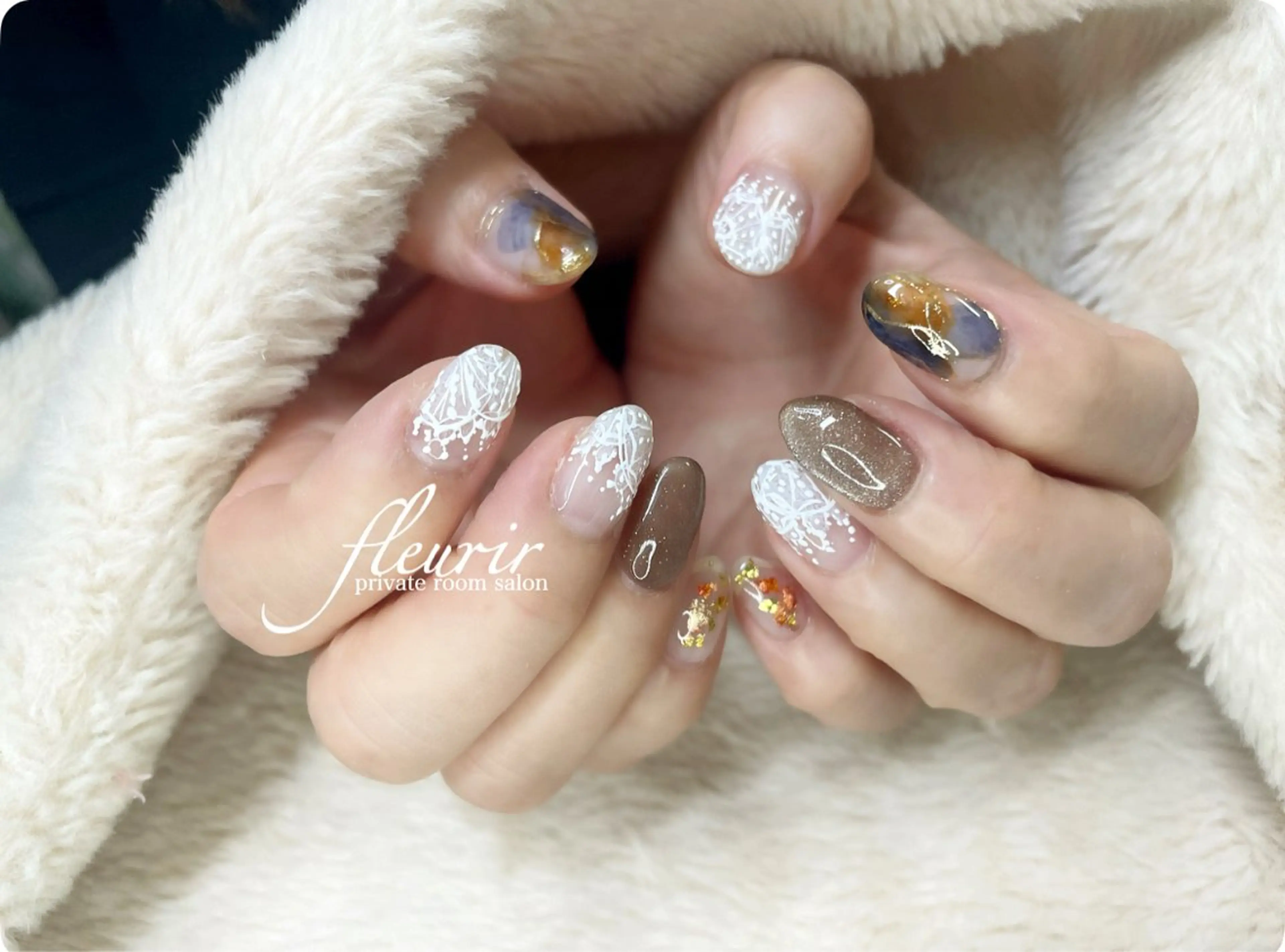 ネイル アートネイル ブルー ブラウン レース マグネットネイル ハンドネイル フルリール 【プライベートサロンのネイルデザイン
