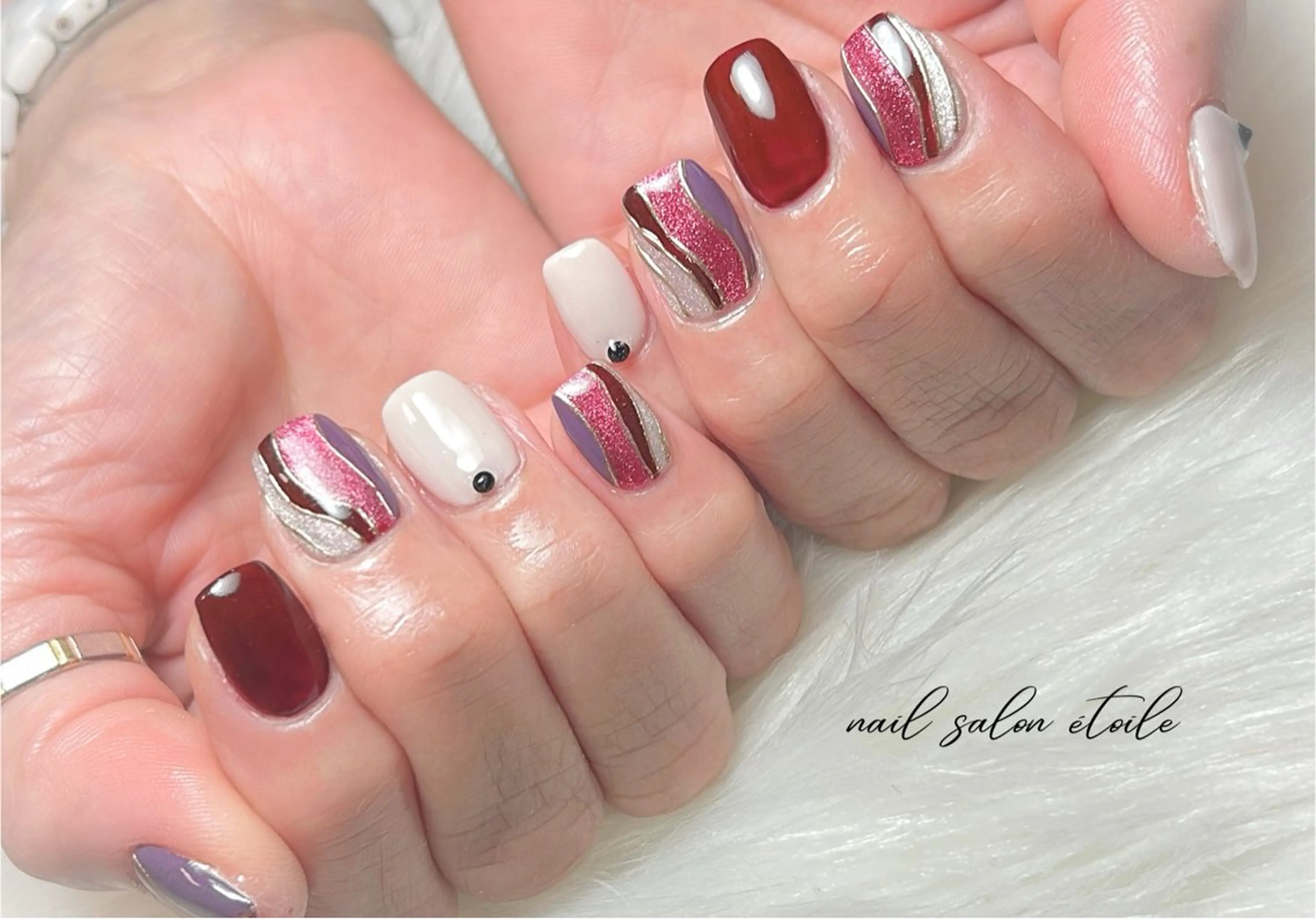 ネイル ボルドー マグネットネイル ミラーネイル ニュアンスネイル ストーンネイル ハンドネイル nail salon étoileのネイルデザイン