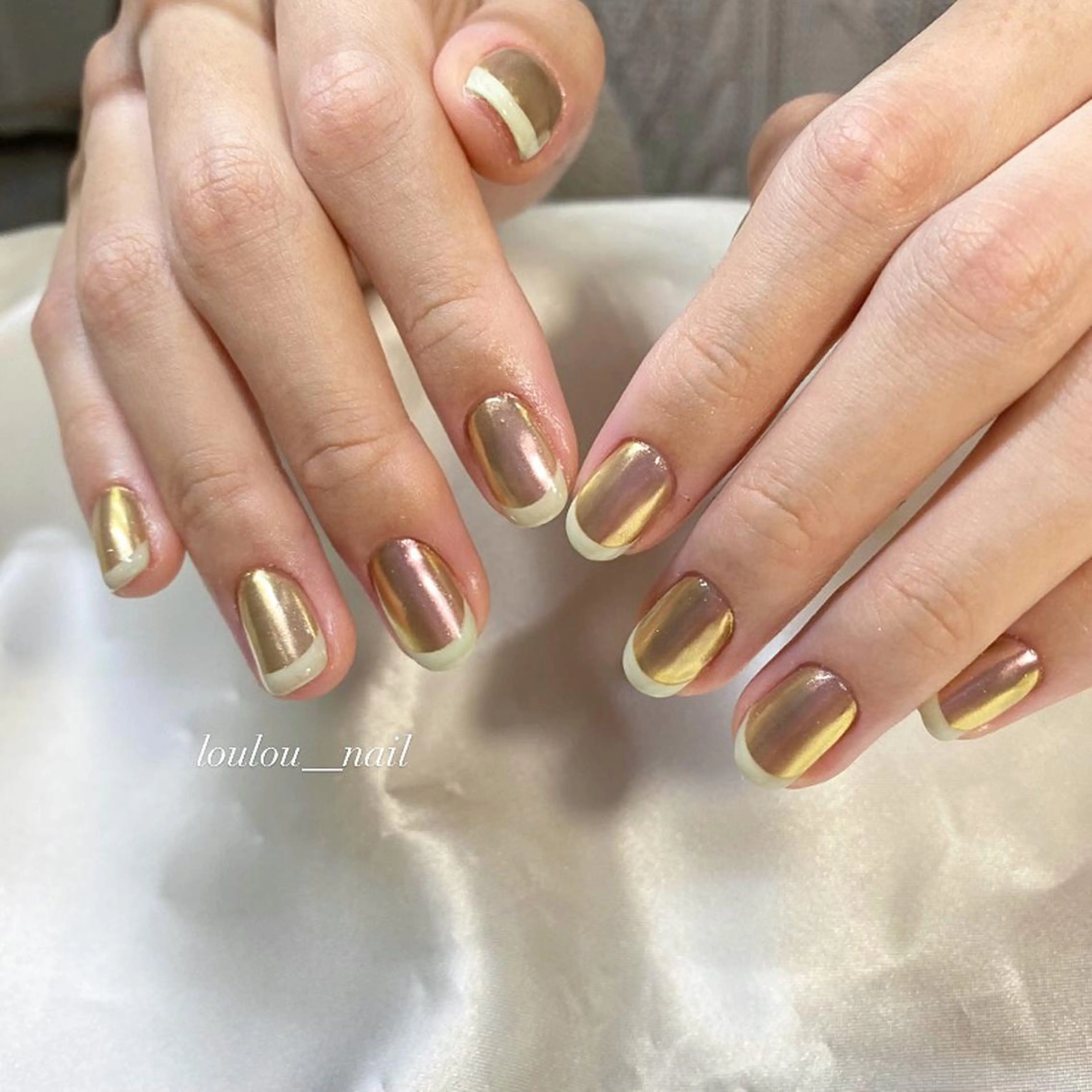 ネイル ブラウン フレンチネイル ゴールド グリーン ミラーネイル ハンドネイル ハンドケア loulou   _nail所属・葛西 知佳のネイルデザイン