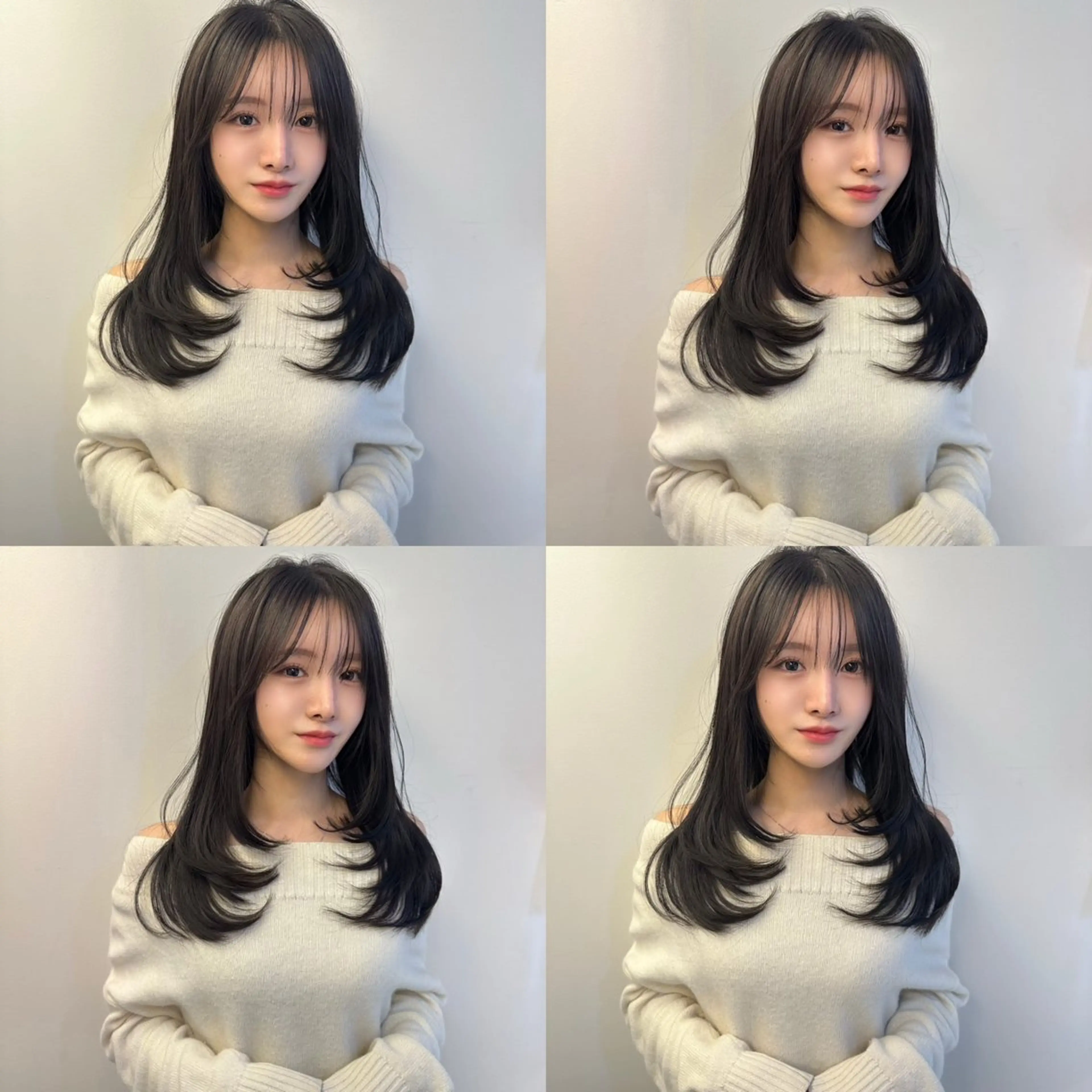 セミロング レイヤーカット カット ヘアカラー 韓国ヘア特化 前髪クロスパーマのヘアスタイル