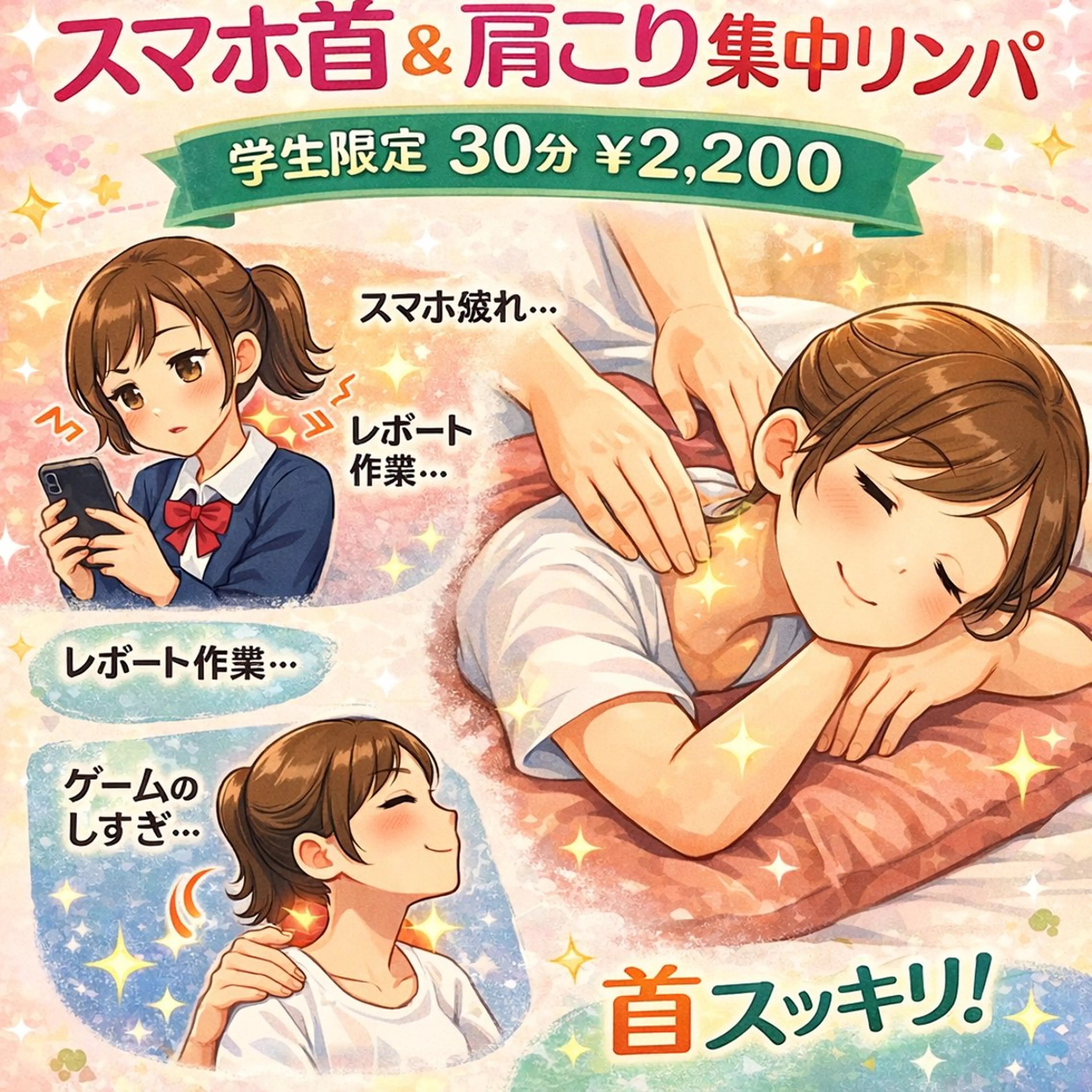 【🎓️学生限定】💖スマホ首&肩コリ集中寄り添いリンパ💖30分￥5,500→￥2,200の写真
