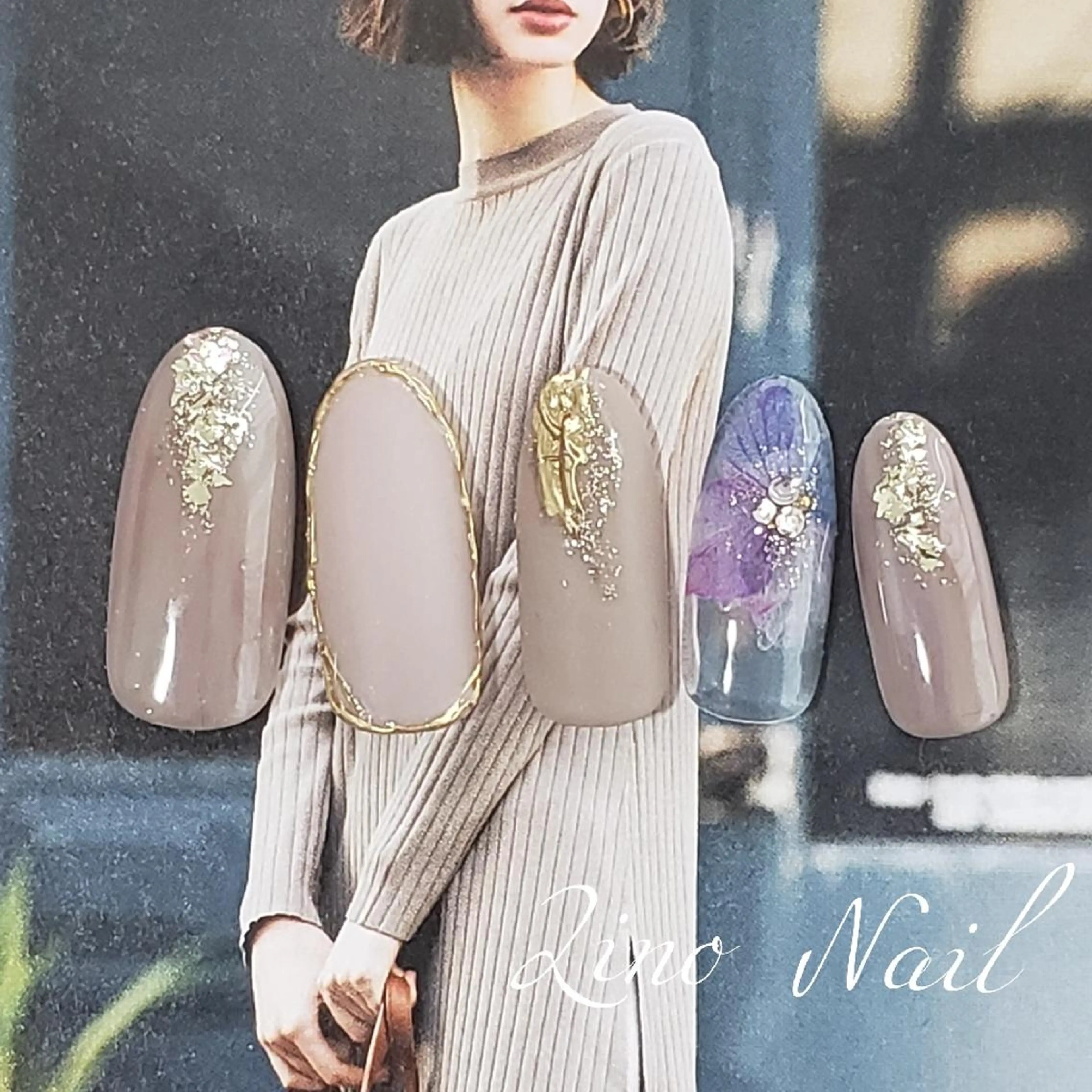 ネイル ブラウン カジュアル フラワーネイル ジェルネイル ラメ(グリッター) ハンドネイル Lino Nailのネイルデザイン