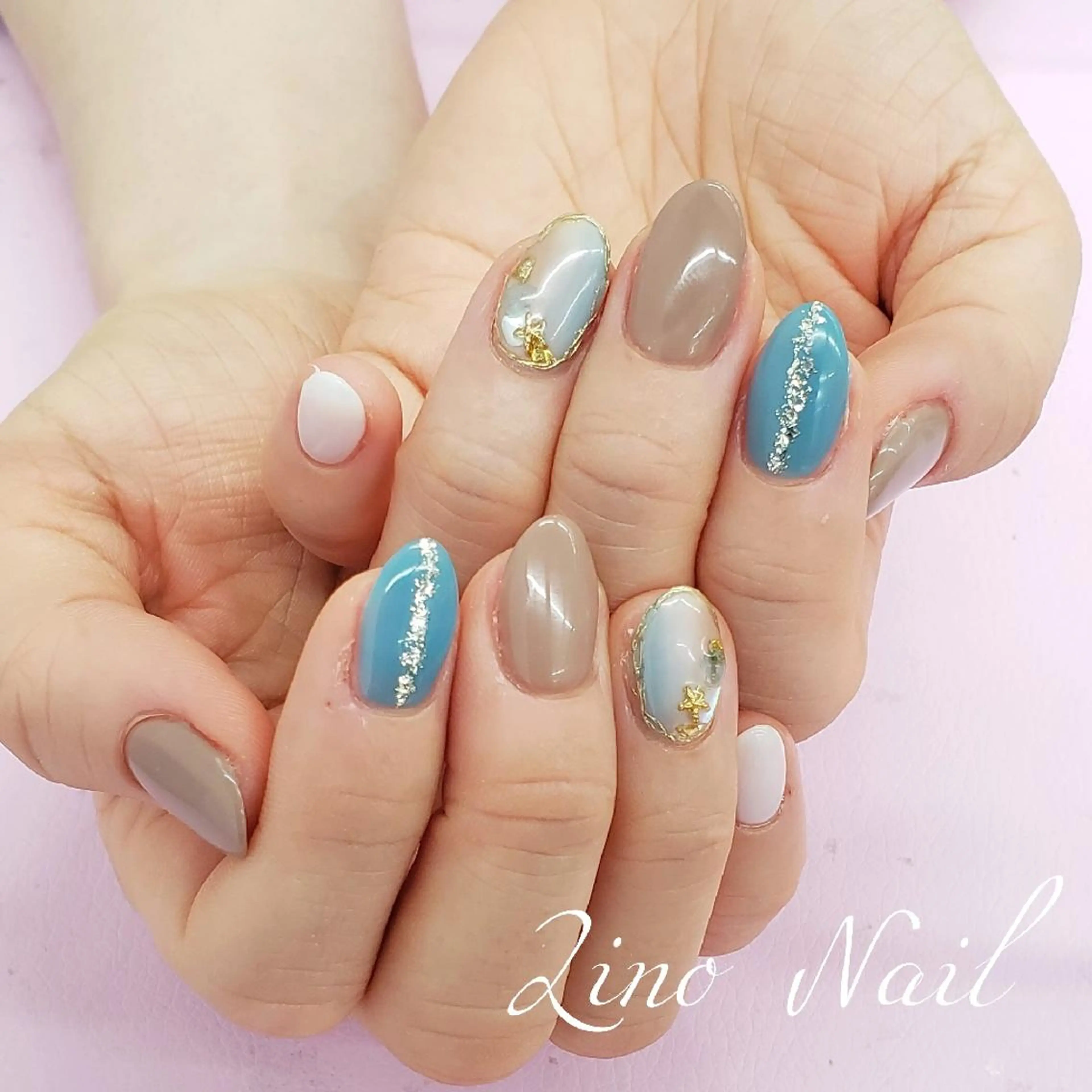 ネイル ブルー ブラウン カジュアル ジェルネイル グラデーション ハンドネイル Lino Nailのネイルデザイン