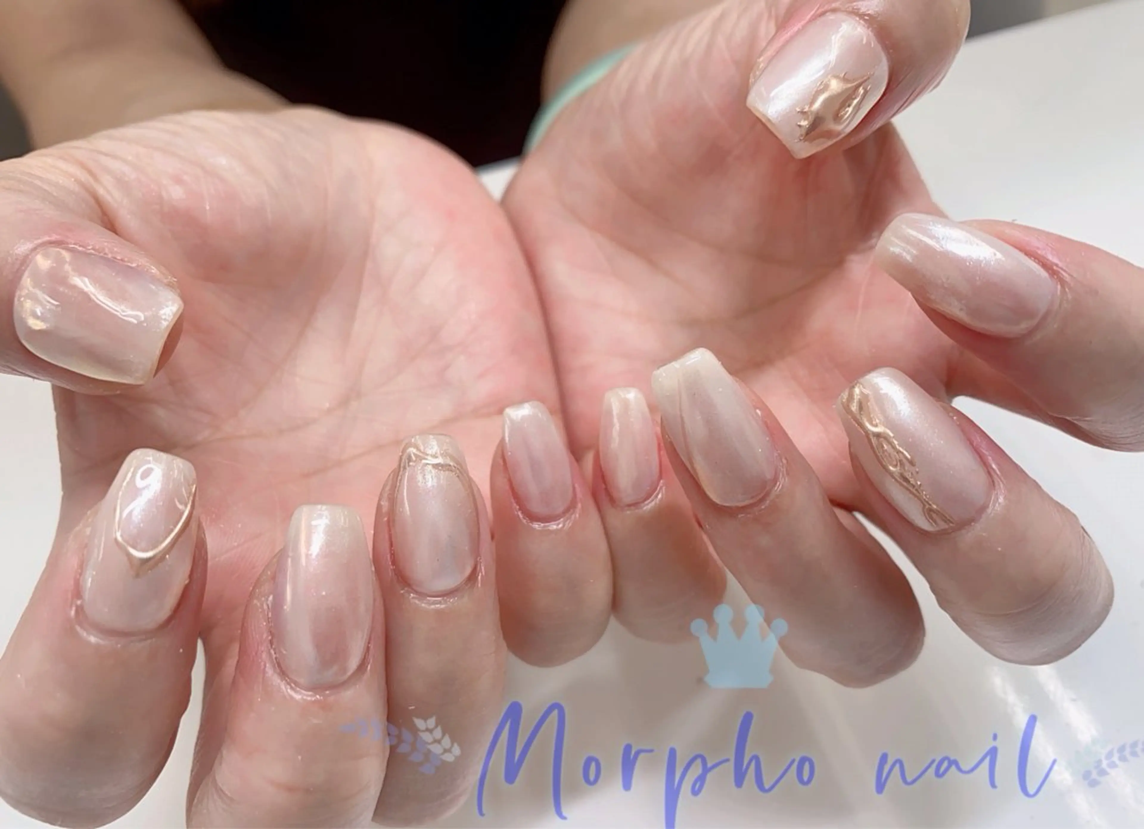 ネイル 長さ出し ジェルネイル キラキラネイル 大理石ネイル(マーブル) ニュアンスネイル Morpho nailのネイルデザイン