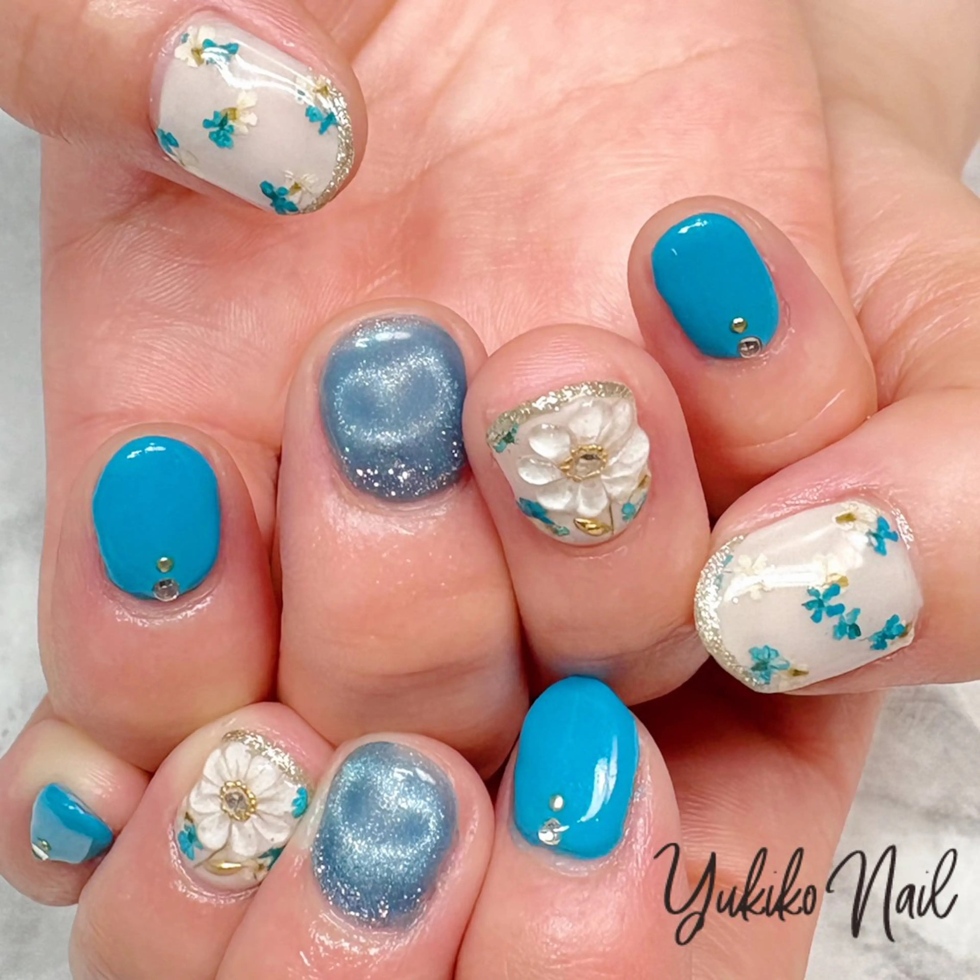 ネイル ブルー フラワーネイル ハート レース マグネットネイル ハンドネイル ユキコ ネイルのネイルデザイン