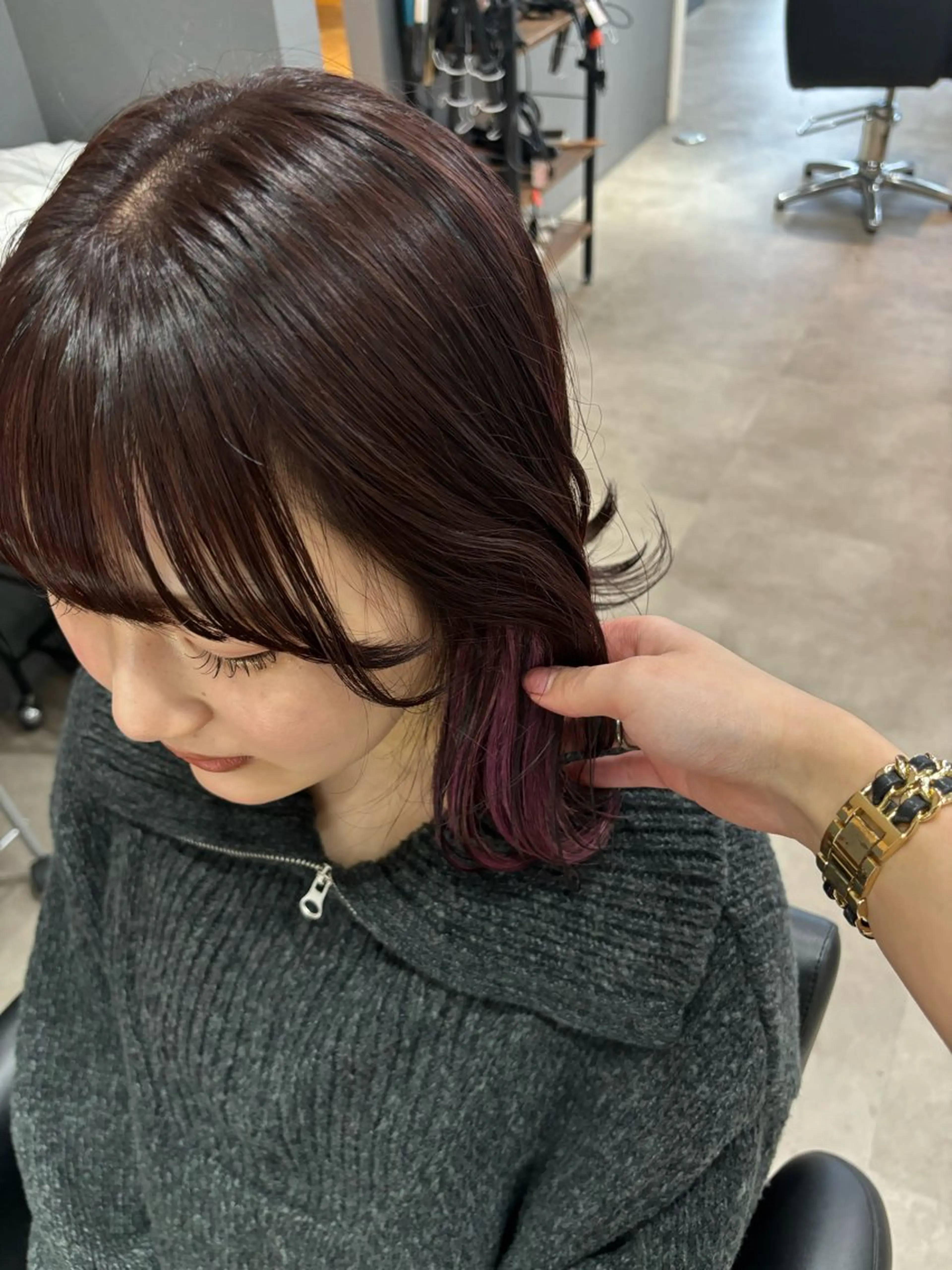 ミディアム ミディアムパーマ ボブ くびれヘア 顔まわりレイヤー 顔周りカット ヘアカラー トリートメント rink / ETOILEのヘアスタイル