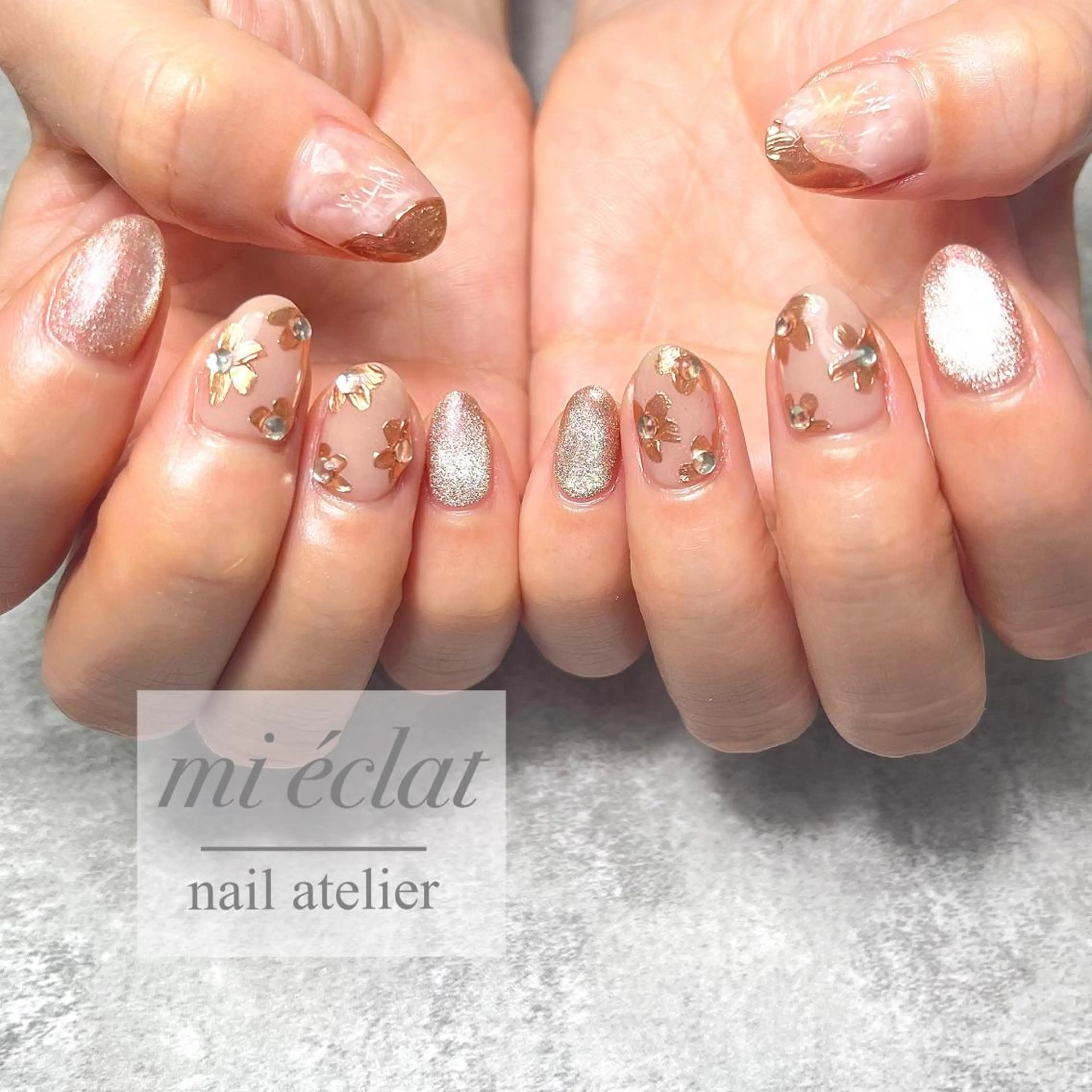ネイル アートネイル ブラウン 桜ネイル 入学式 フラワーネイル ハンドネイル mi éclat ミ　エクラのネイルデザイン