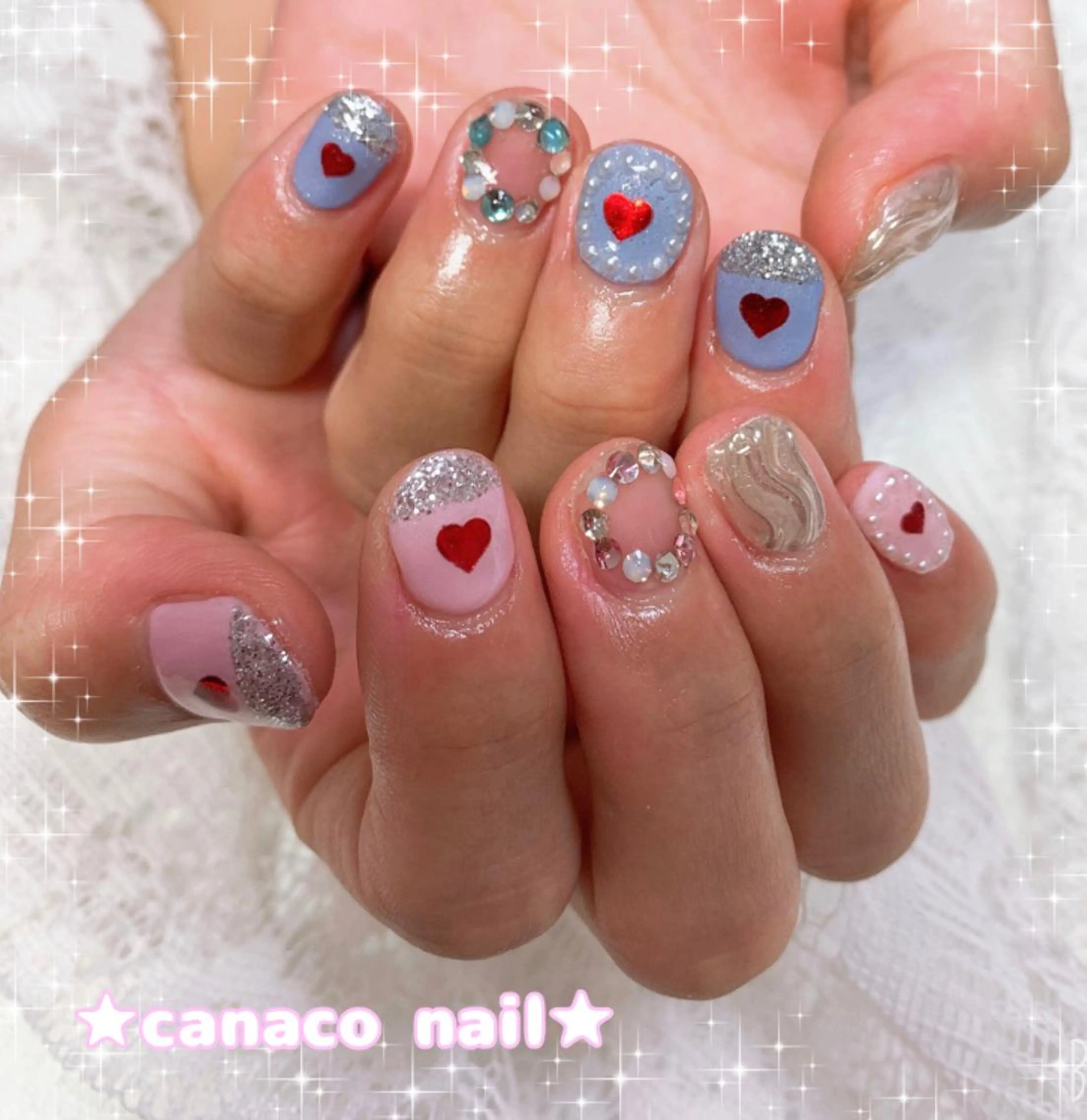 ネイル ハート キラキラネイル ミラーネイル ストーンネイル ハンドネイル ハンドケア Felice所属・ベテランネイル cnc  nailのネイルデザイン