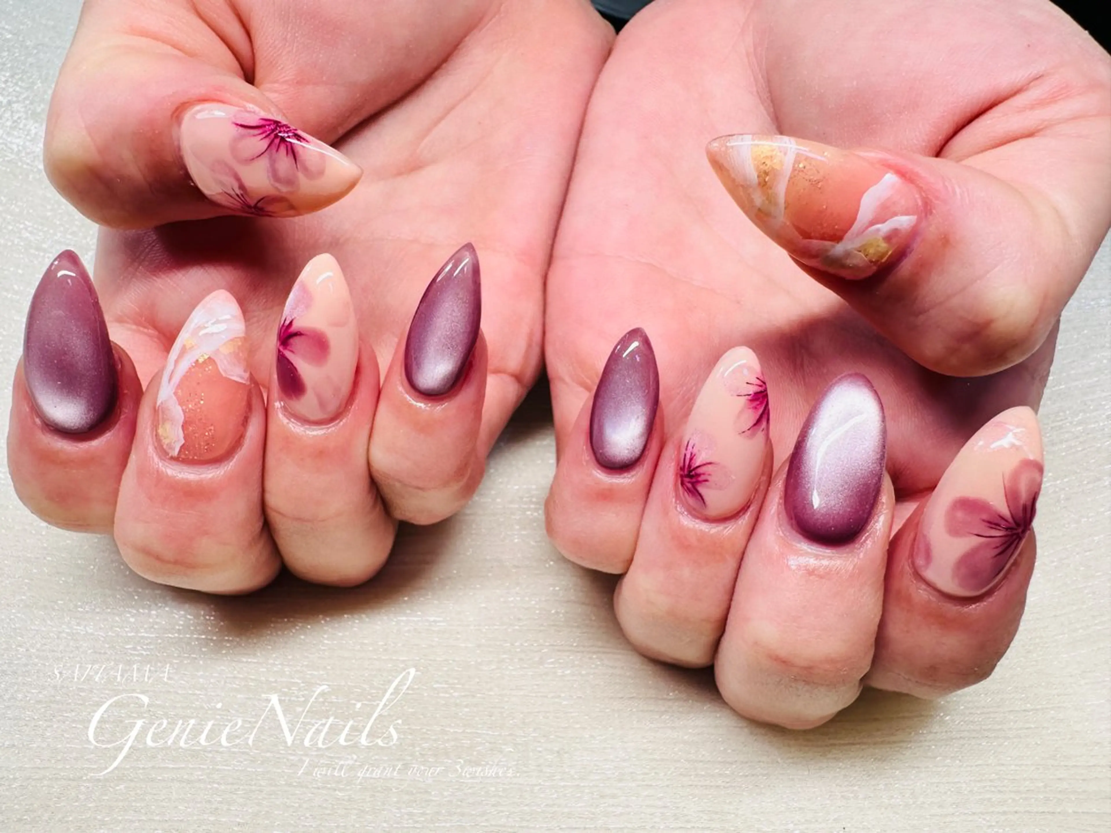 メンズ ネイル アートネイル 桜ネイル 氷ネイル・うるうるネイル ロングネイル メンズネイル Genie Nailsのネイルデザイン