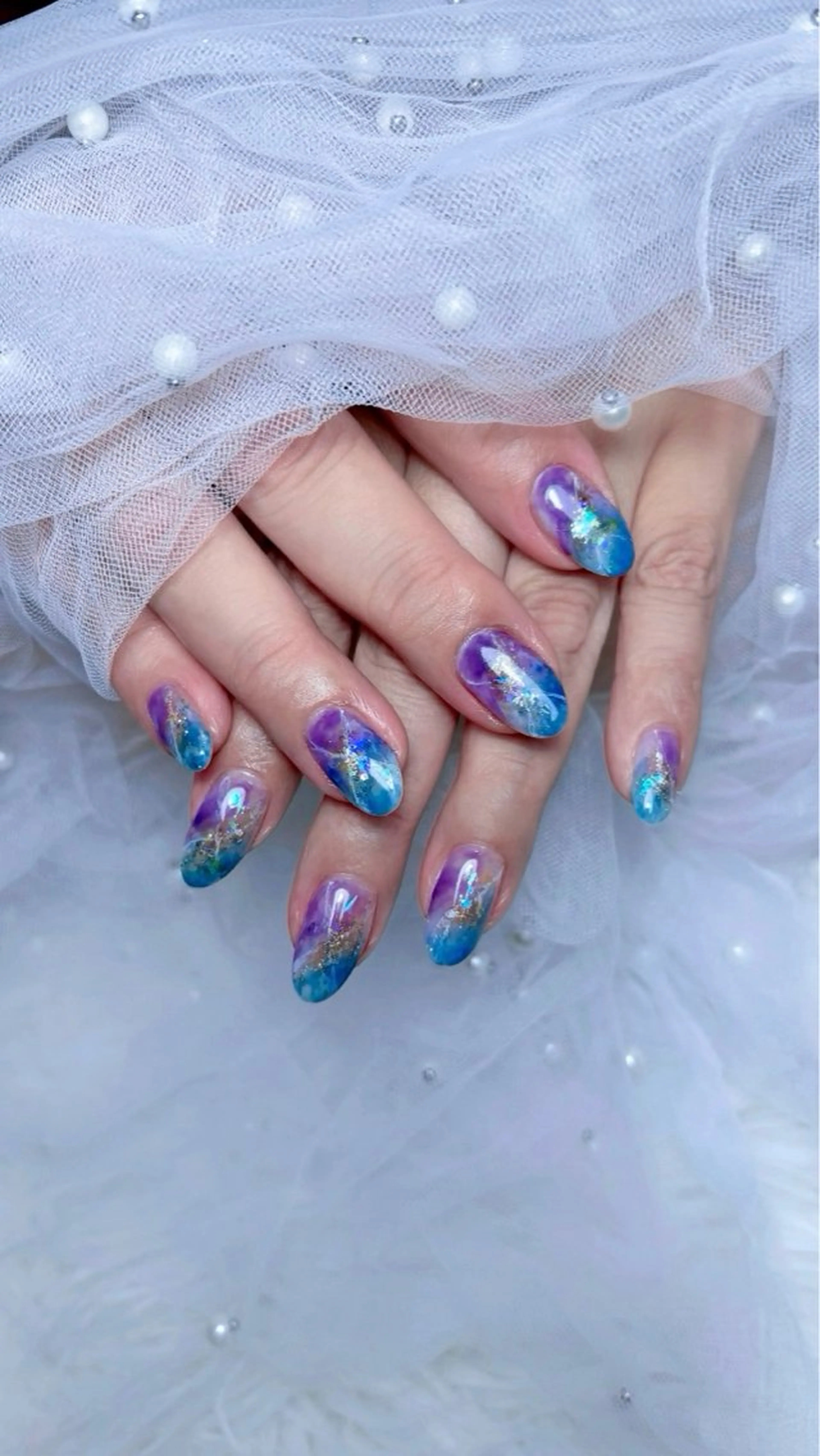 ネイル ブルー 大理石ネイル(マーブル) ニュアンスネイル パープル ハンドネイル 𝑬𝑹𝑰𝑲𝑨 𓂃🎀𓈒𓏸のネイルデザイン