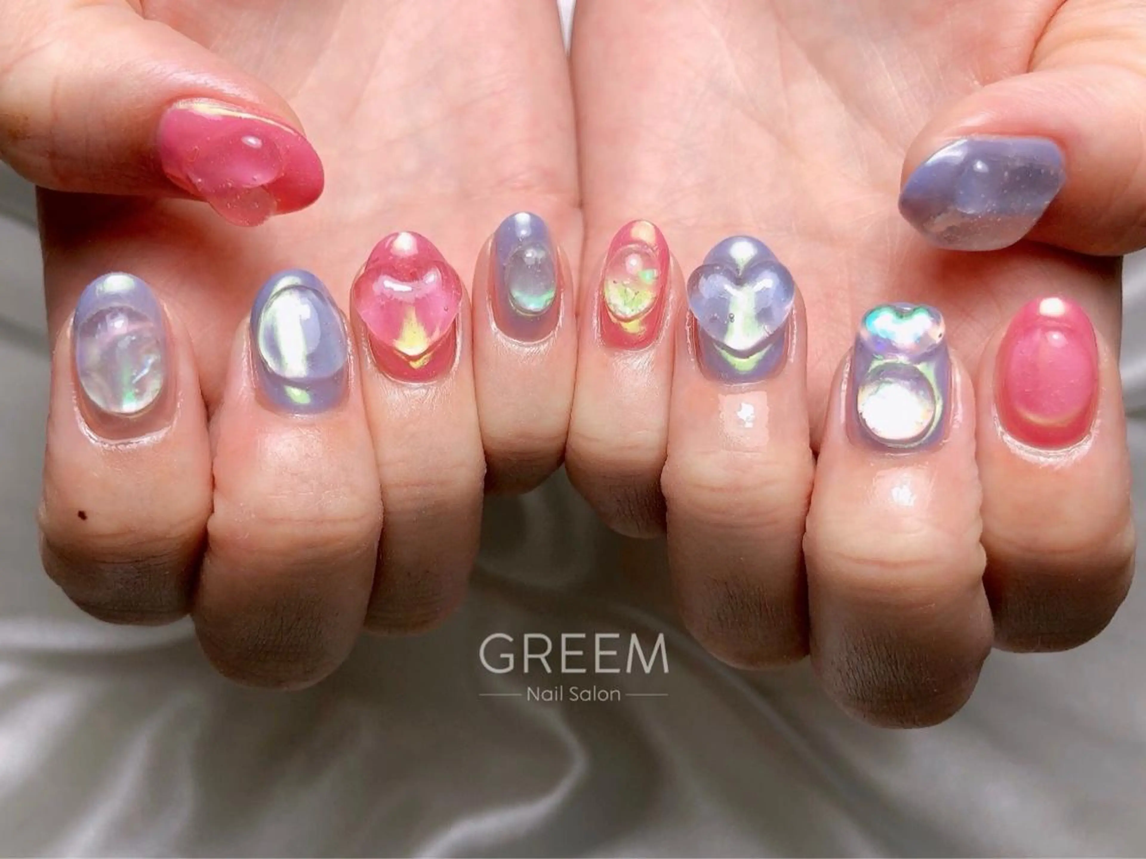 ネイル オーロラネイル クリアネイル ハート 氷ネイル・うるうるネイル 韓国ネイル フットネイル GREEM グリームのネイルデザイン