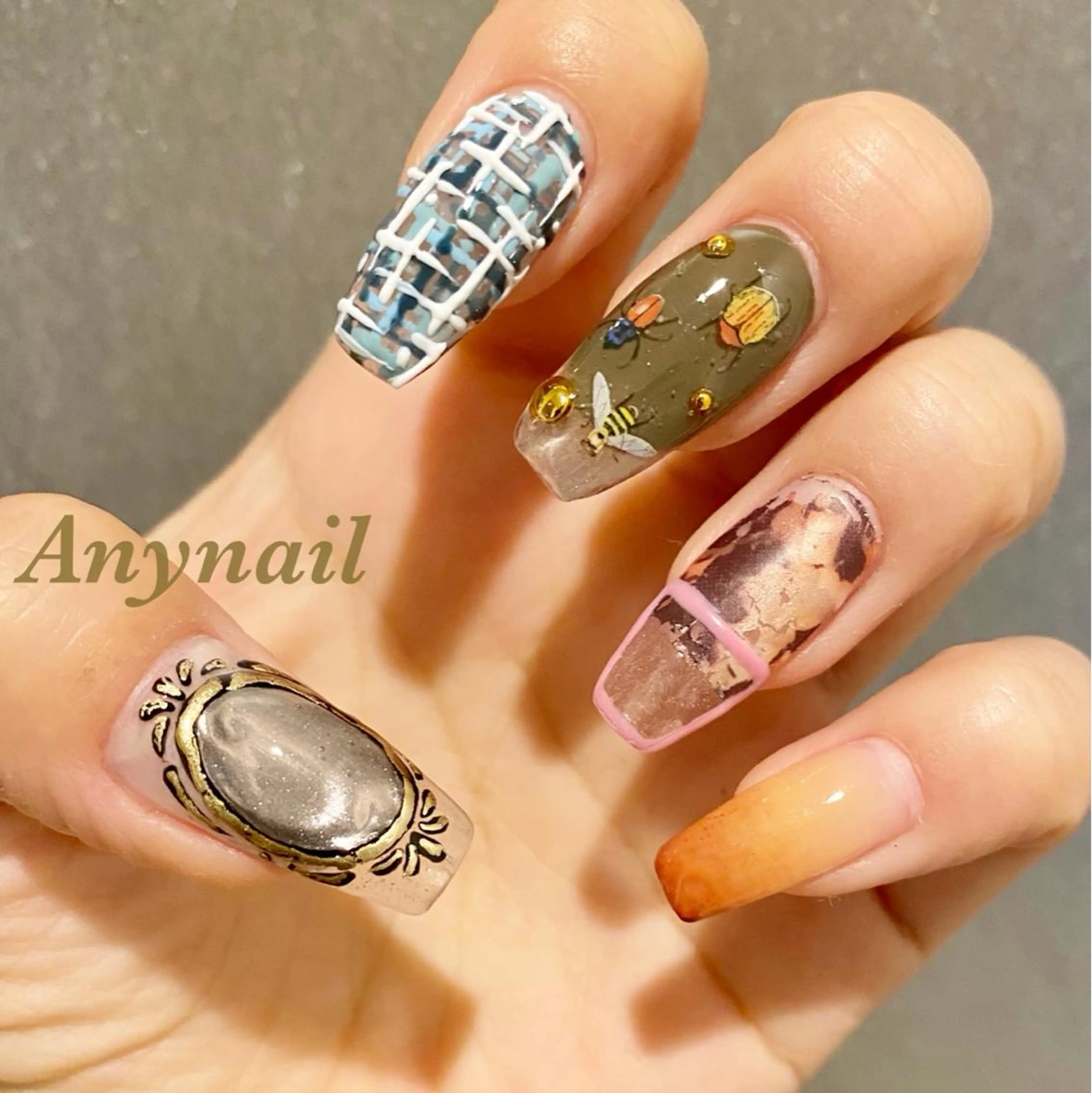 ネイル アートネイル ブルー クリアネイル ミラーネイル オレンジ ハンドネイル 岩澤 恵子のネイルデザイン