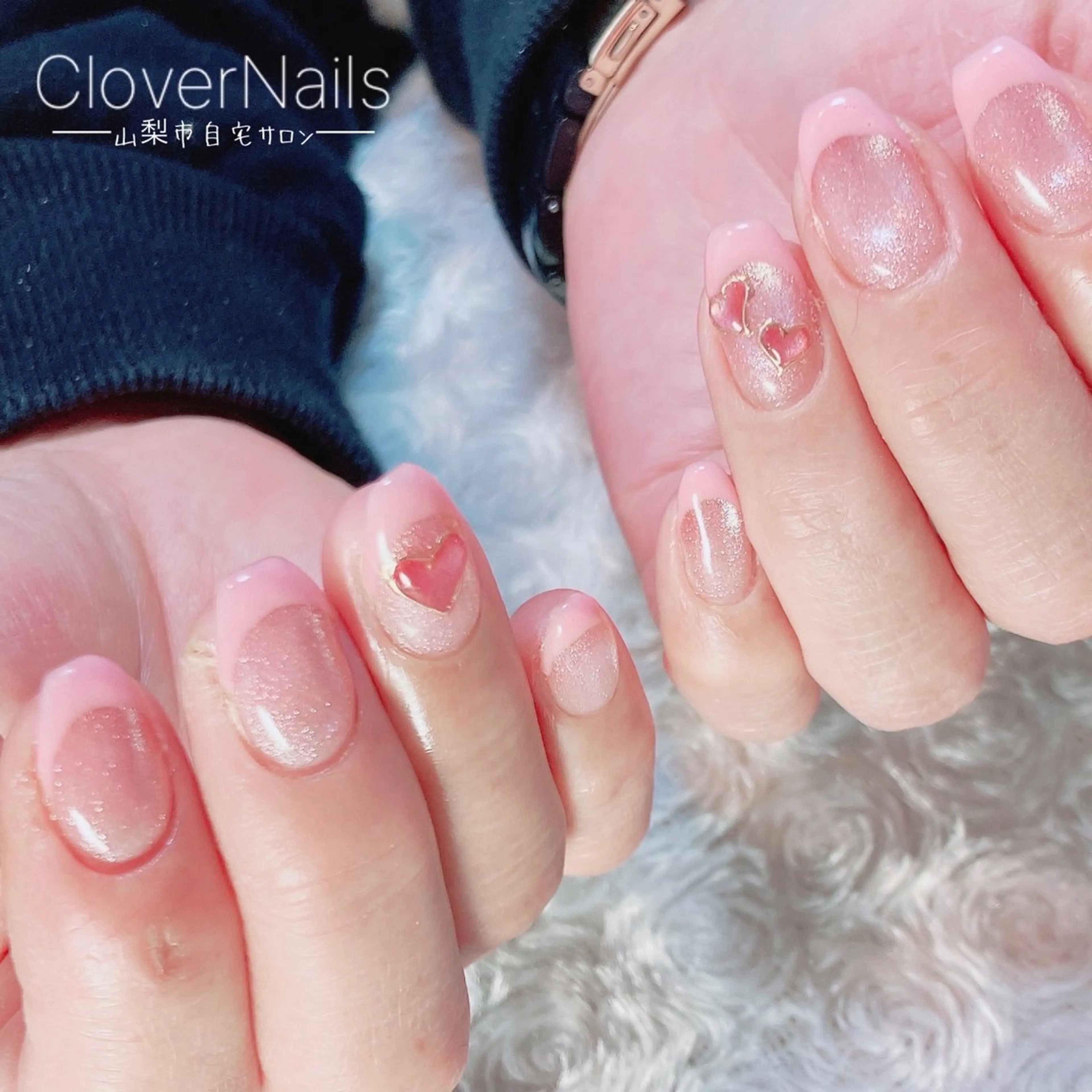 ネイル アートネイル フレンチネイル ハート キラキラネイル ラメ(グリッター) ハンドネイル 自宅ネイルサロン クロバーネイルのネイルデザイン
