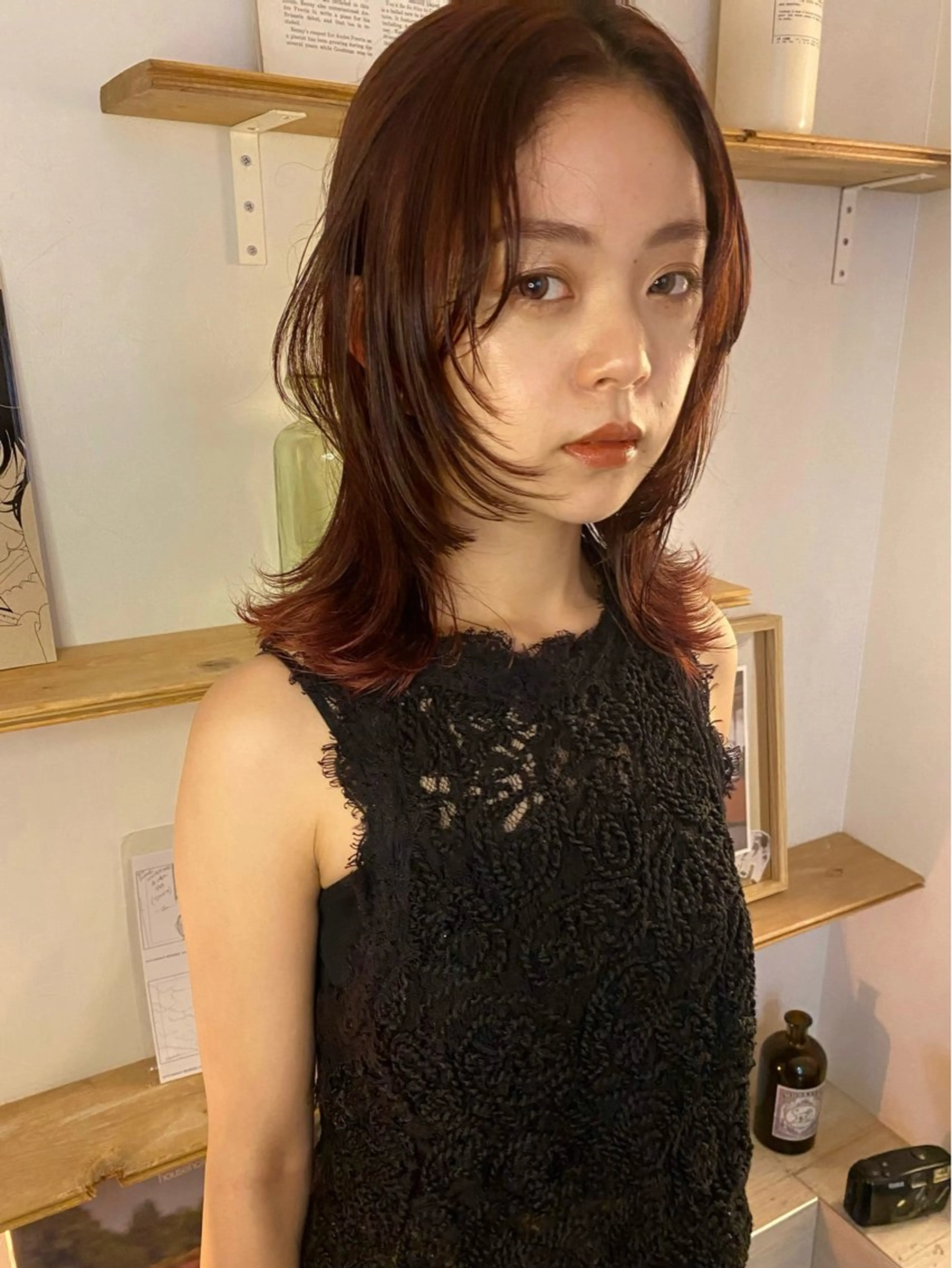 ミディアム カラー ブラウンカラー レッドカラー レッドブラウン レイヤーカット 森貴裕/ベージュ/ パーマ/オリーブのヘアスタイル