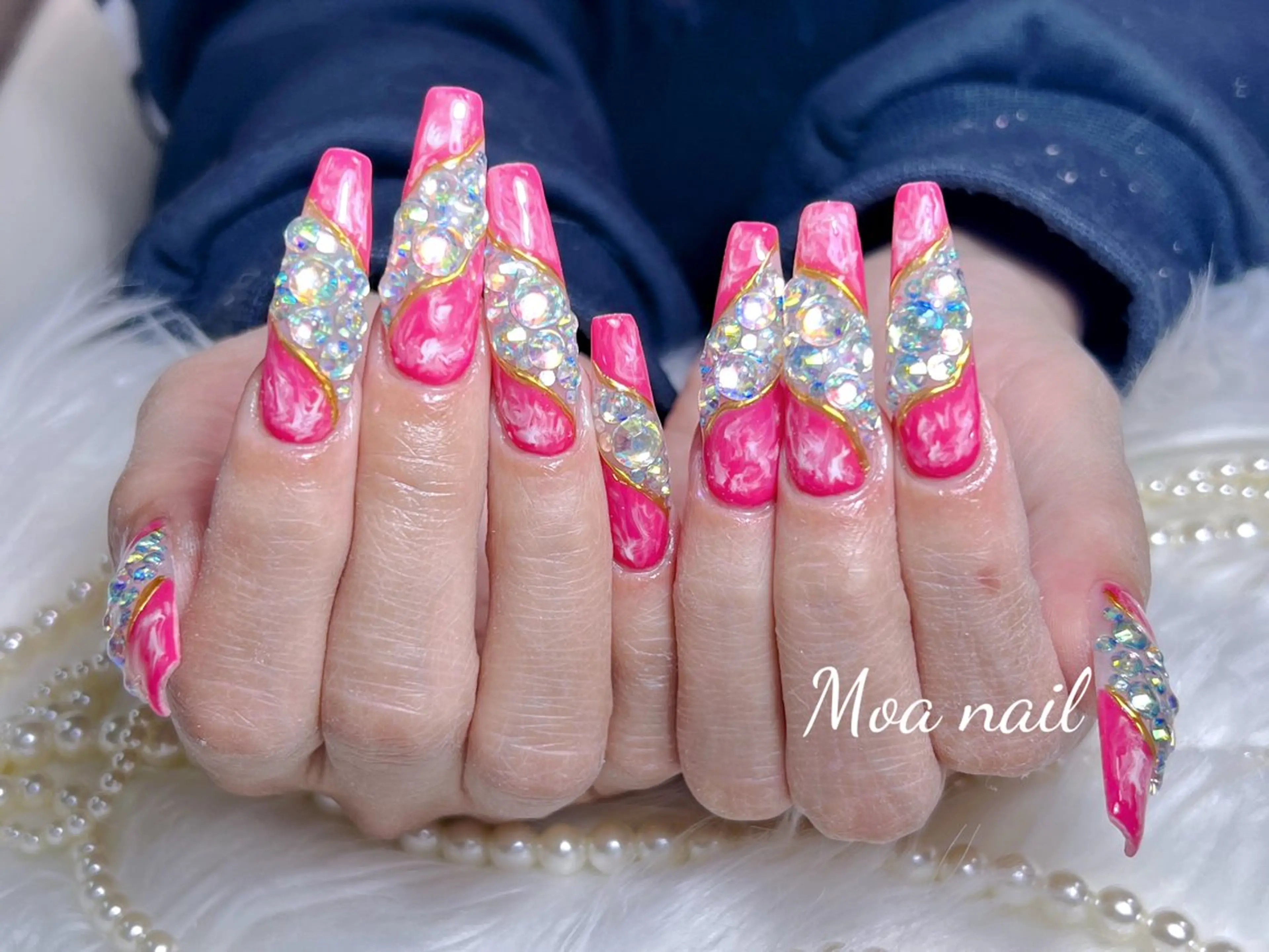 ネイル 長さ出し フレンチネイル ガラスフレンチ ハート キラキラネイル ハンドネイル Moa nailのネイルデザイン