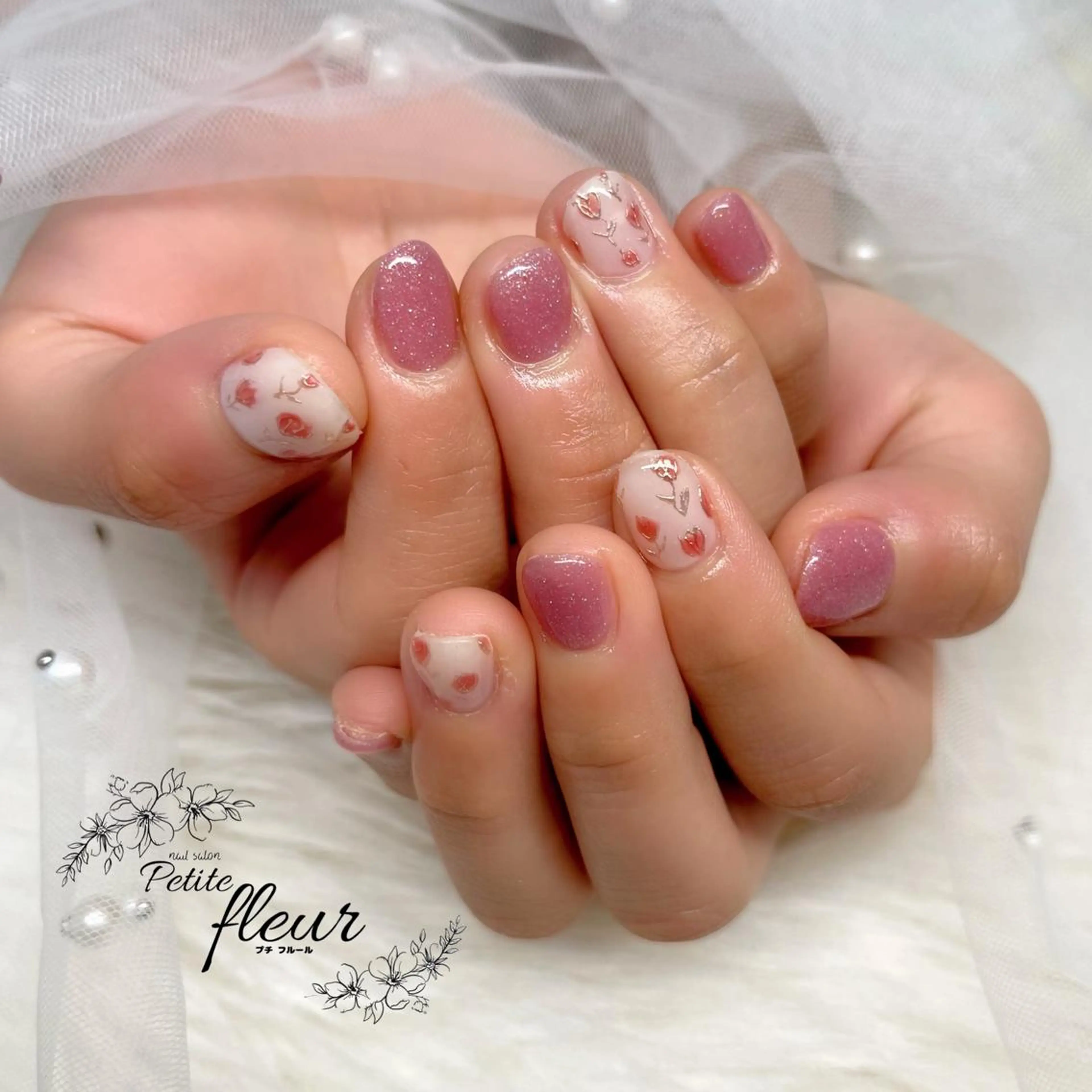 ネイル ラメ(グリッター) ピンク 春ネイル ❁⃘*。Petite fleur❁⃘*りさのネイルデザイン